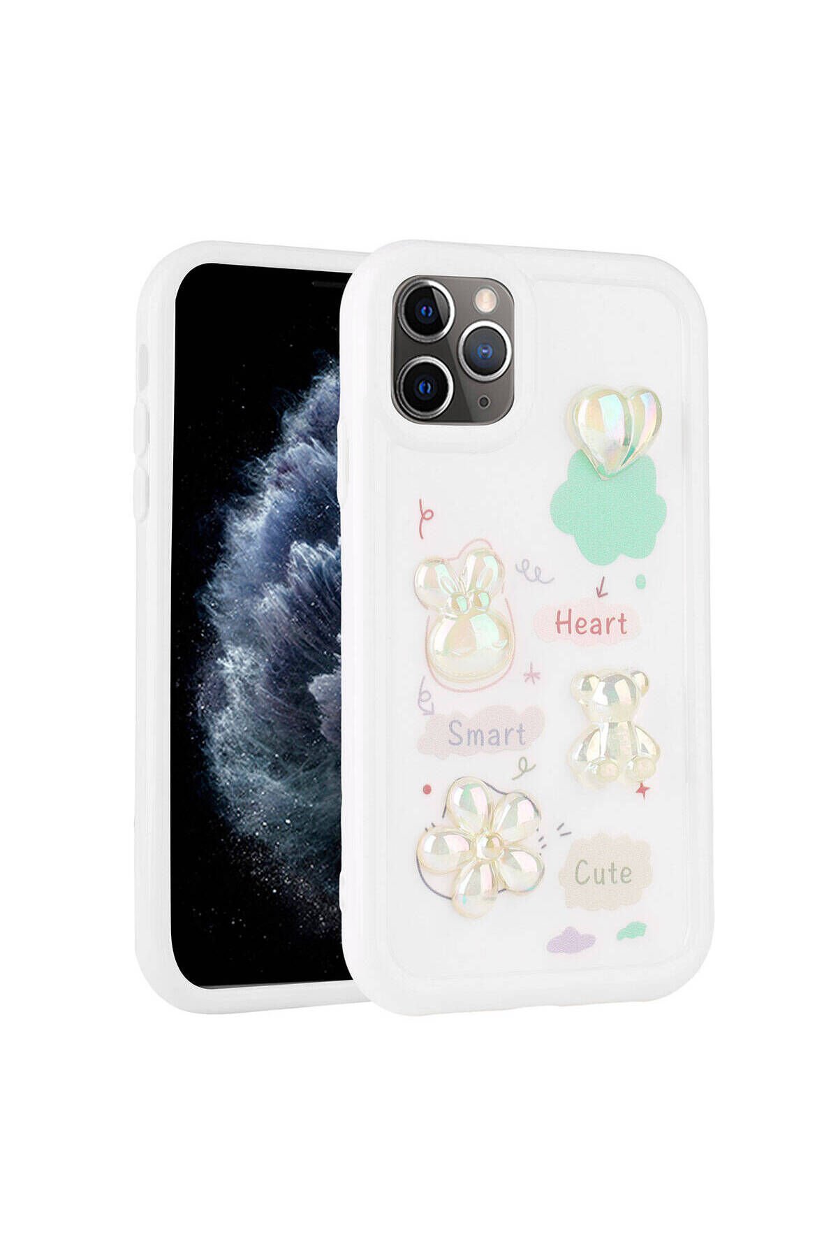 iPhone 11 Pro Max Uyumlu Kabartma Figürlü Parlak BSAY Toys Silikon Kılıf-Beyaz Beyaz