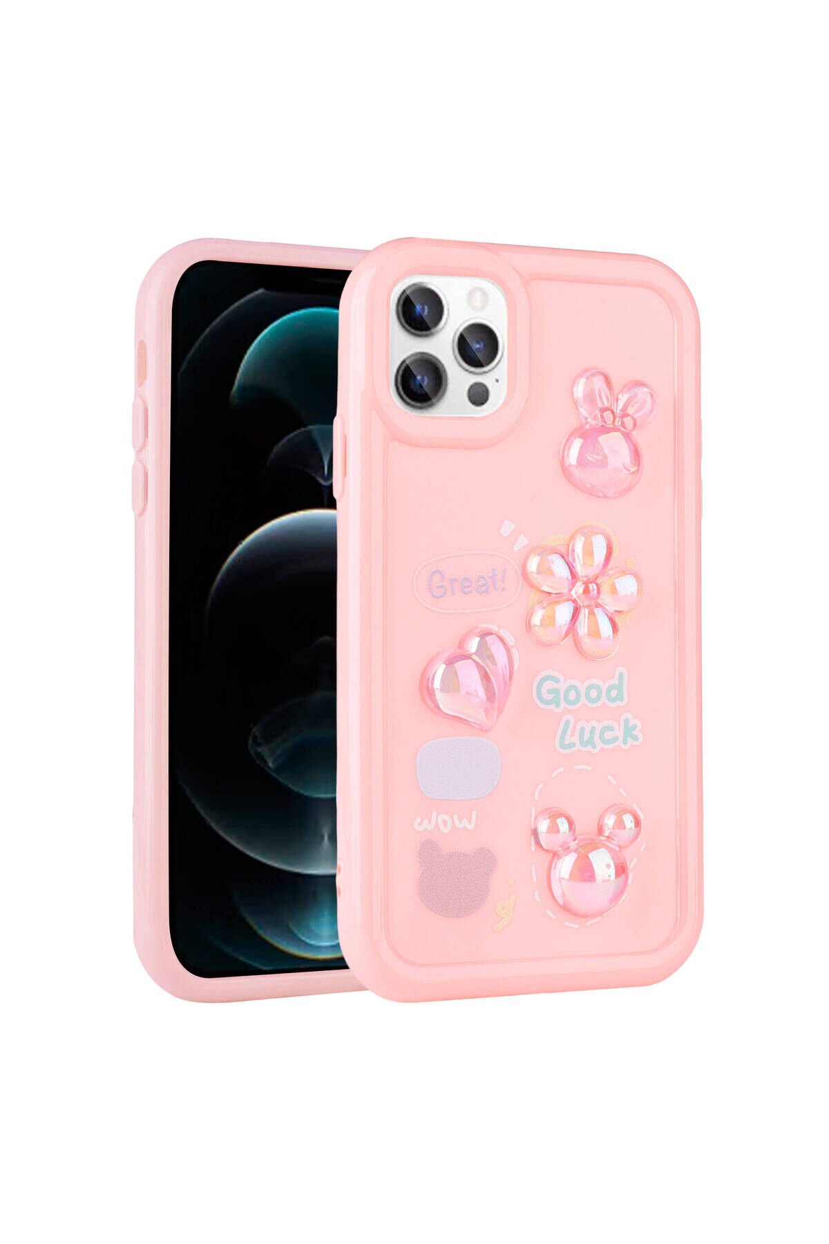 iPhone 13 Pro Uyumlu Kabartma Figürlü Parlak BSAY Toys Silikon Kılıf-Beyaz Pembe