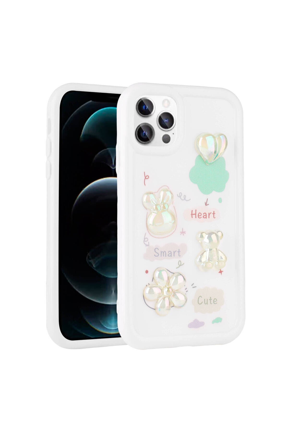 iPhone 13 Pro Max Uyumlu Kabartma Figürlü Parlak BSAY Toys Silikon Kılıf-Pembe Beyaz