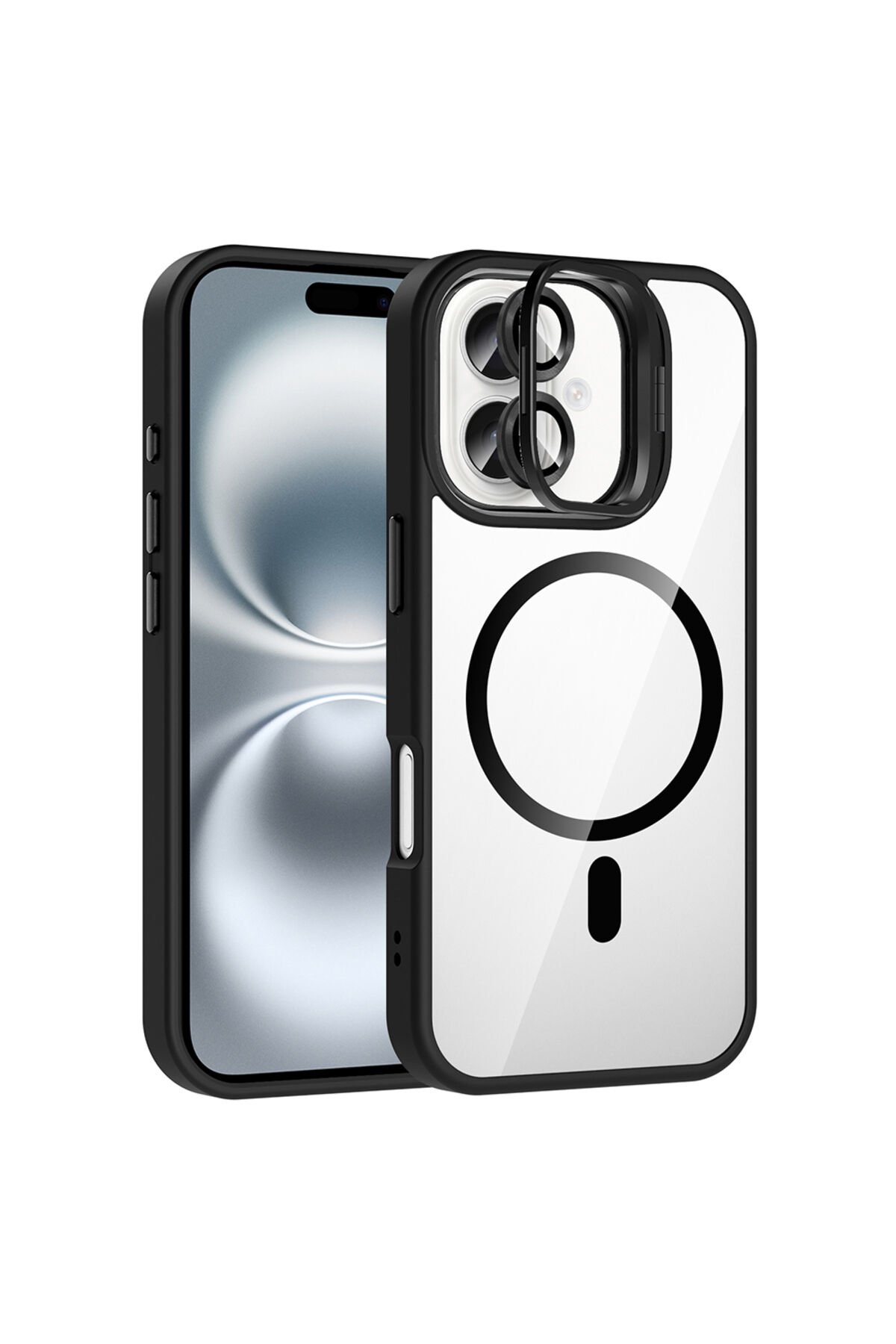 iPhone 16 Plus Kılıf Standlı ve Kamera Lens Hediyeli M-Safe Şarj Özellikli BSAY Etro Kapak - Desert Siyah