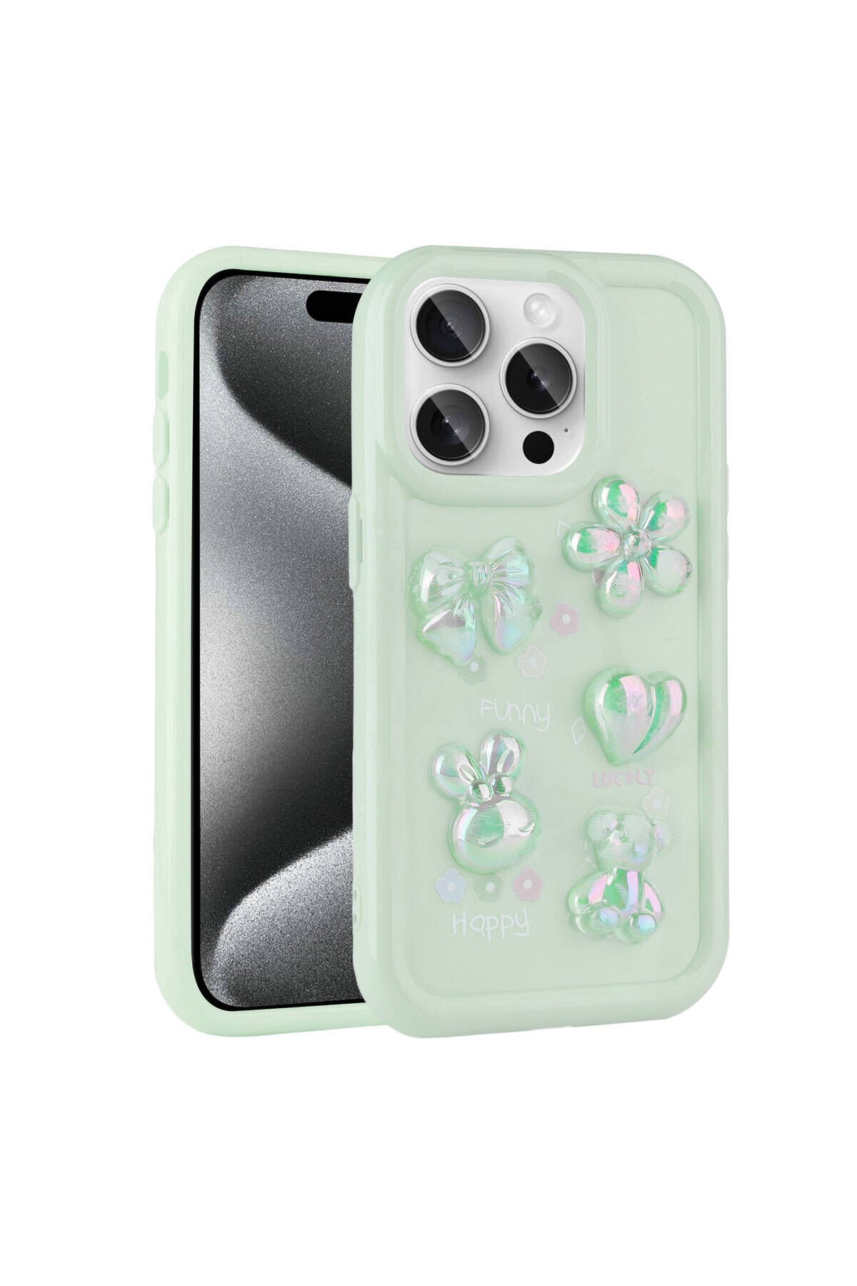 iPhone 14 Pro Uyumlu Kabartma Figürlü Parlak BSAY Toys Silikon Kılıf-Açık Yeşil Açık Yeşil