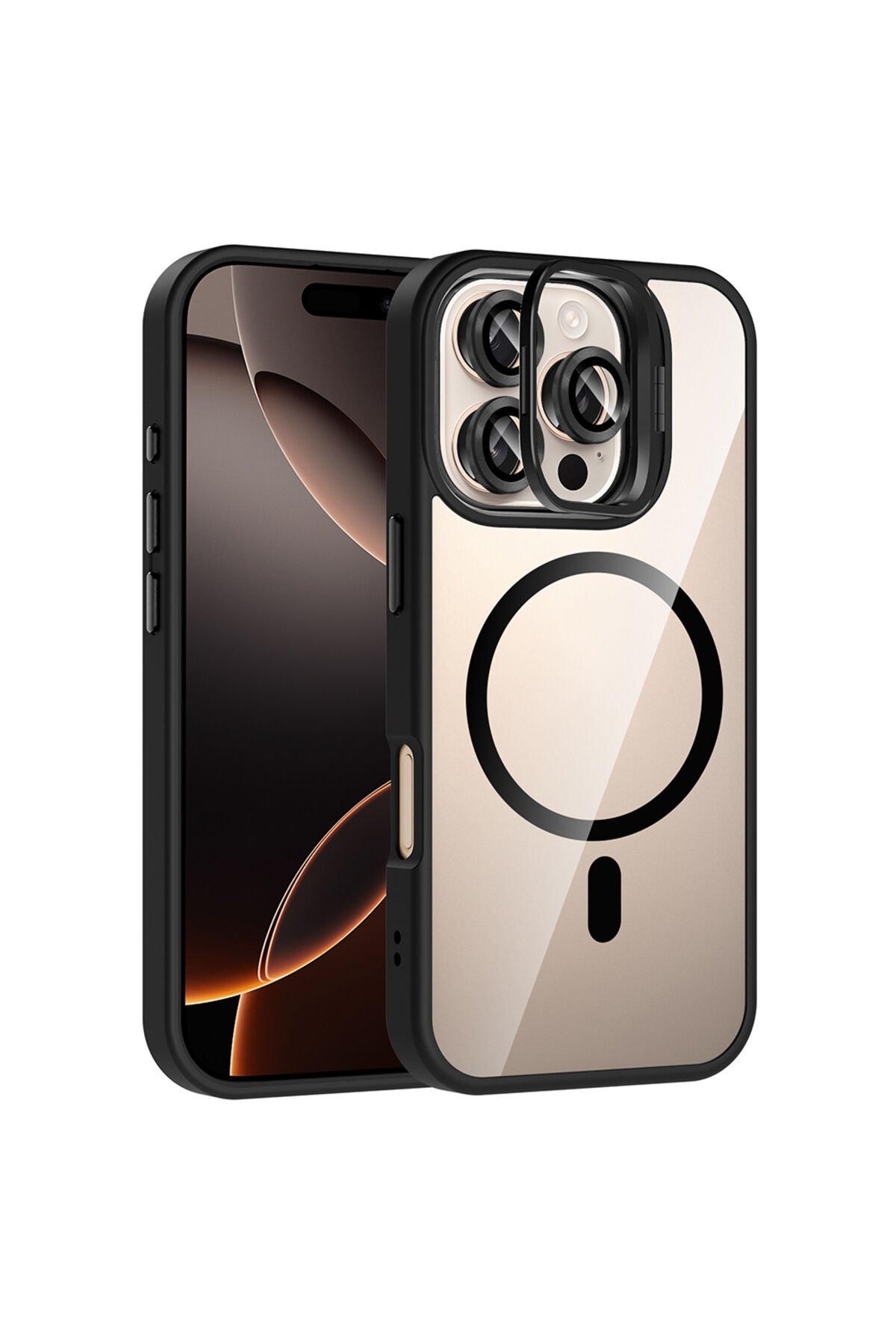 iPhone 16 Pro Kılıf Standlı ve Kamera Lens Hediyeli M-Safe Şarj Özellikli BSAY Etro Kapak - Siyah Siyah