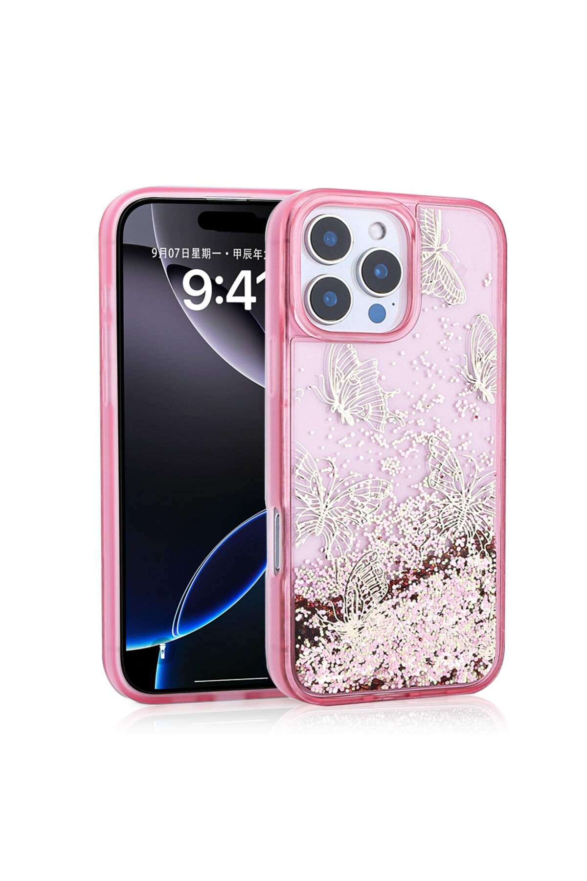 iPhone 15 Pro Max Kılıf Sıvılı Simli Kelebek Baskılı Şeffaf Arka Yüzey BSAY Glis Silikon Kapak - Mor Pembe