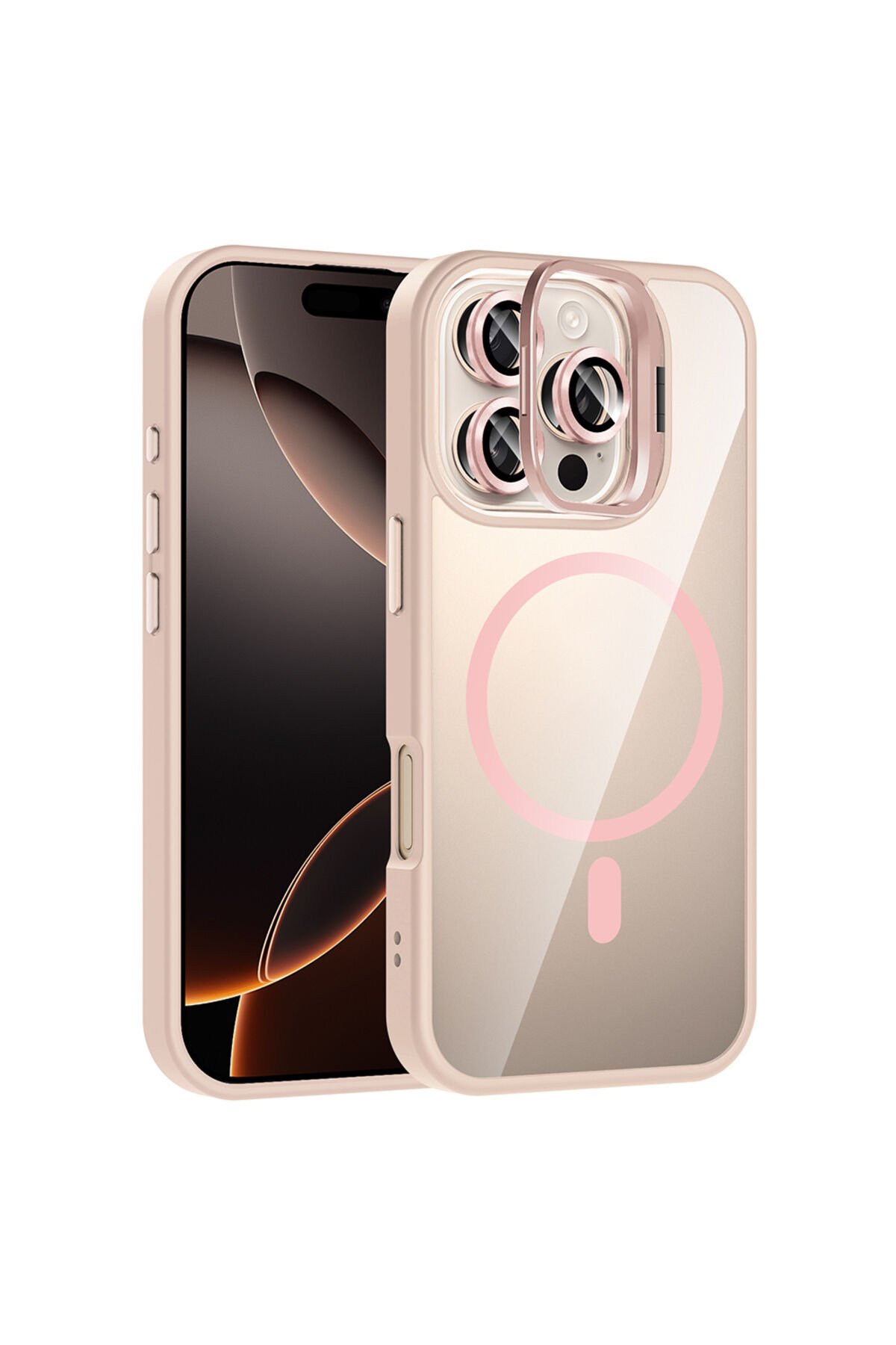 iPhone 16 Pro Kılıf Standlı ve Kamera Lens Hediyeli M-Safe Şarj Özellikli HRMN Etro Kapak - Pembe Pembe