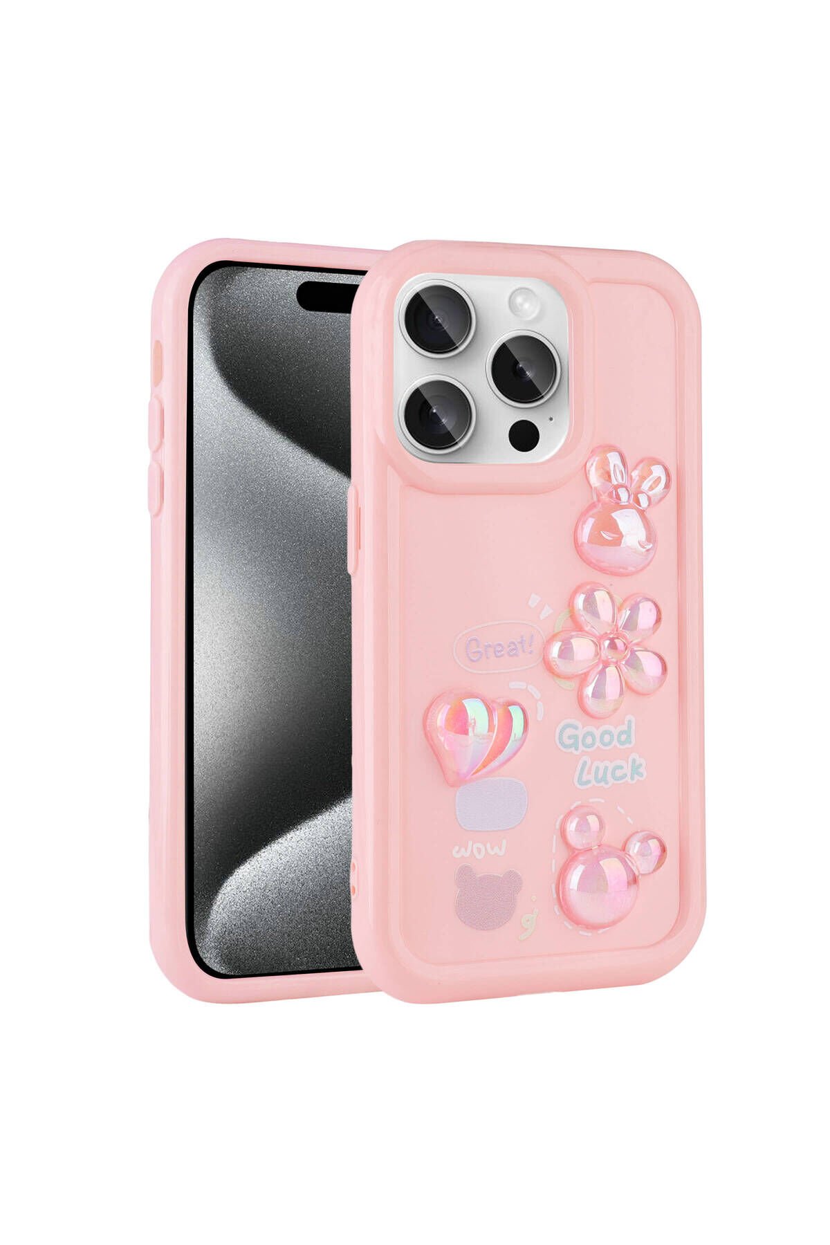 iPhone 14 Pro Max Uyumlu Kabartma Figürlü Parlak BSAY Toys Silikon Kılıf-Beyaz Pembe