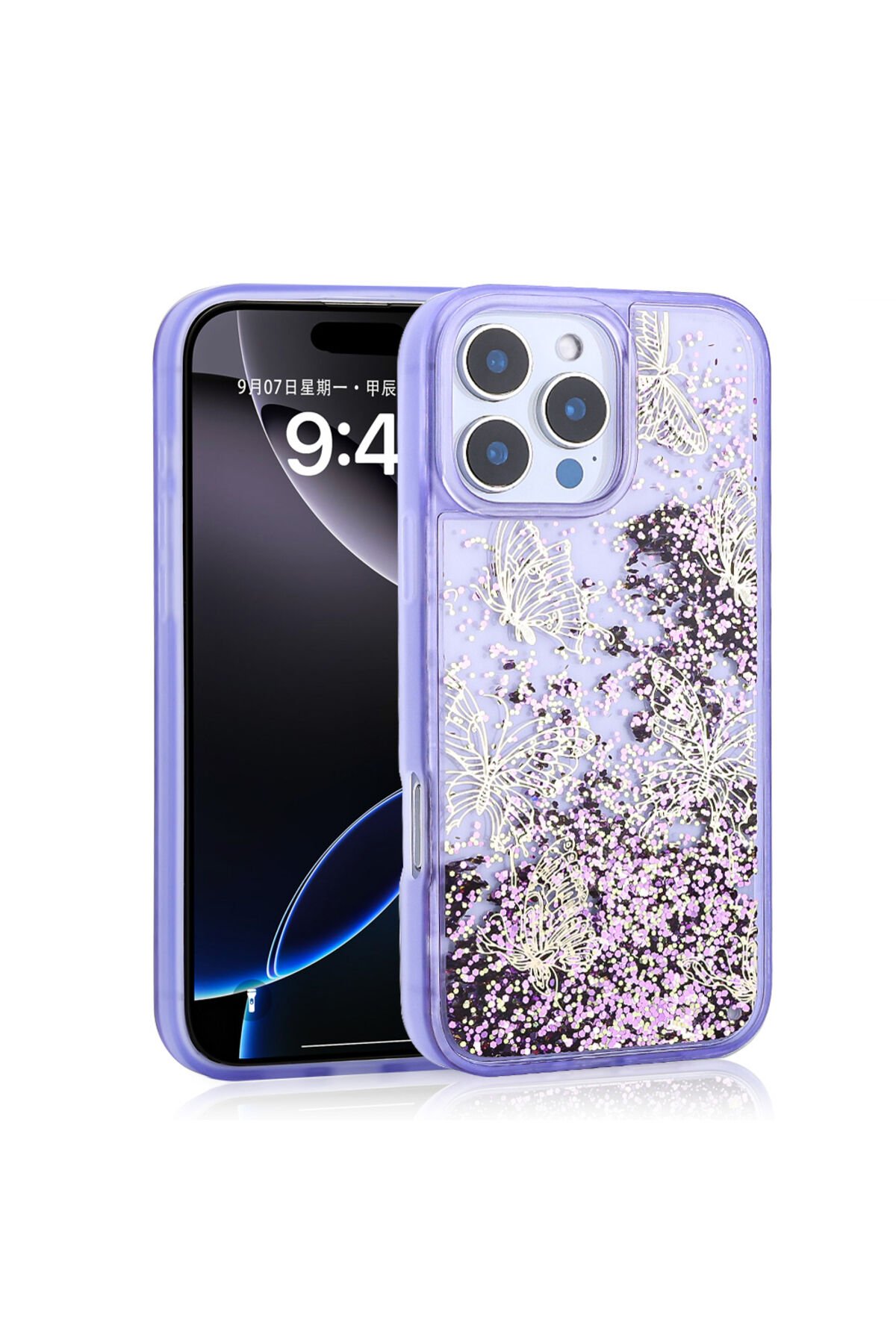 iPhone 16 Pro Kılıf Sıvılı Simli Kelebek Baskılı Şeffaf Arka Yüzey ZPRB Glis Silikon Kapak - Pembe Pembe