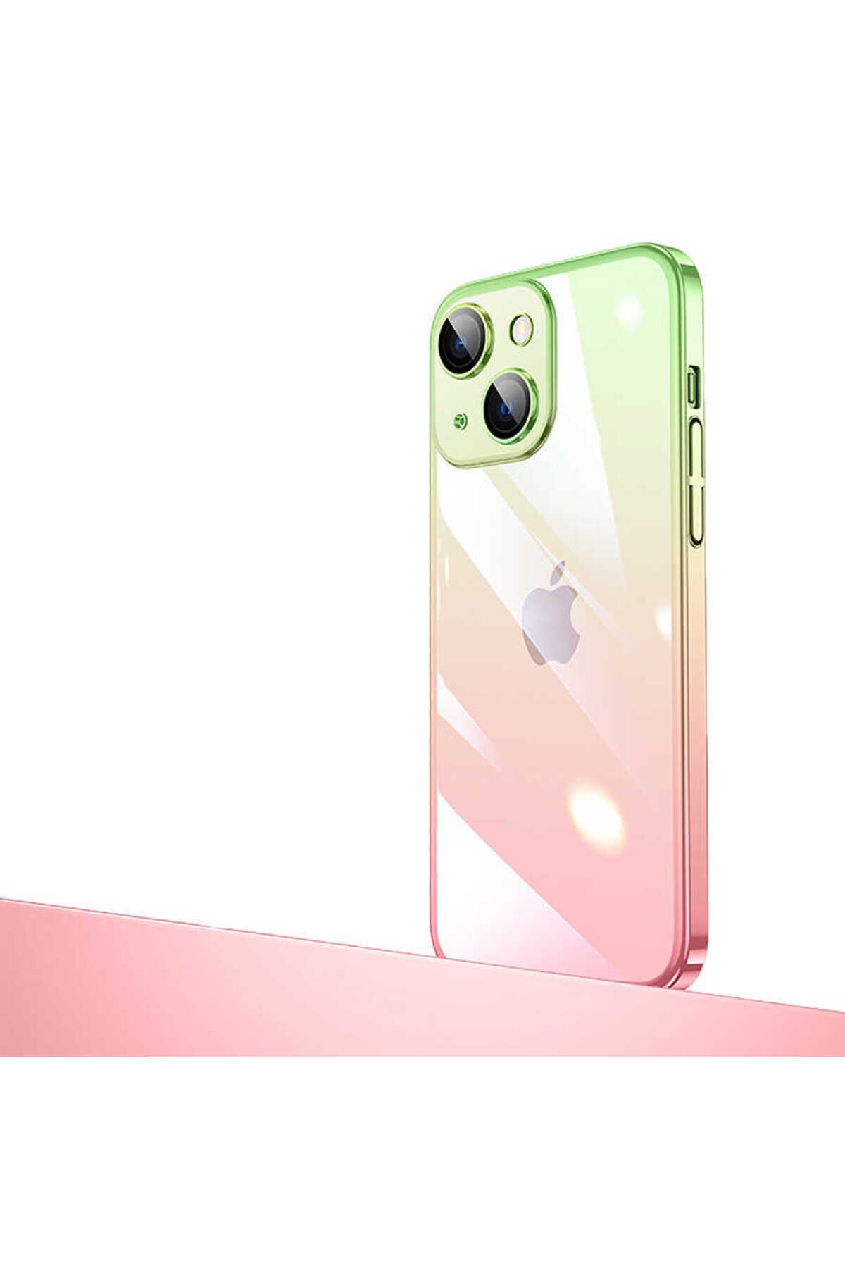 iPhone 13 Uyumlu Parlak Renk Geçişli Kamera Korumalı NXAR Senkron Kılıf-Pembe-Yeşil Pembe-Yeşil