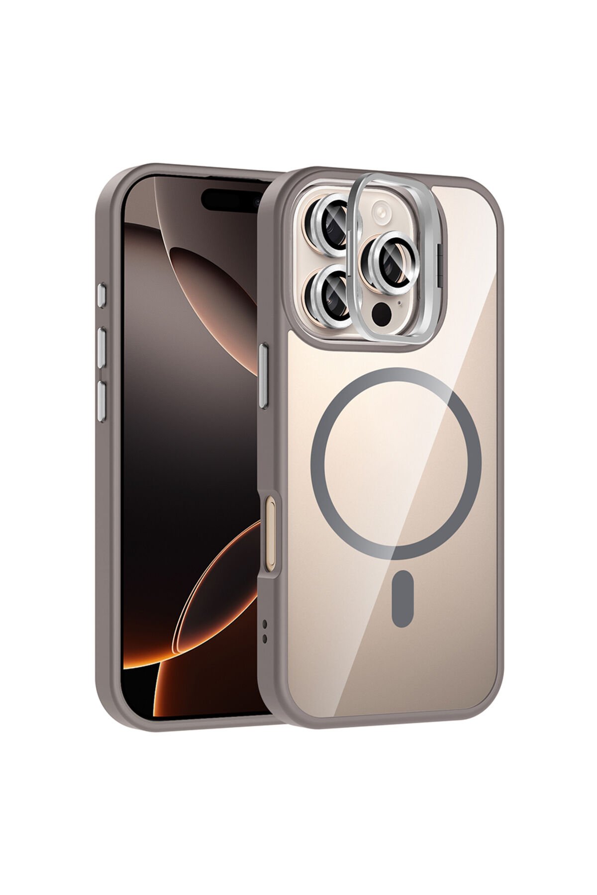iPhone 16 Pro Max Kılıf Standlı ve Kamera Lens Hediyeli M-Safe Şarj Özellikli BSAY Etro Kapak - Gri Gri