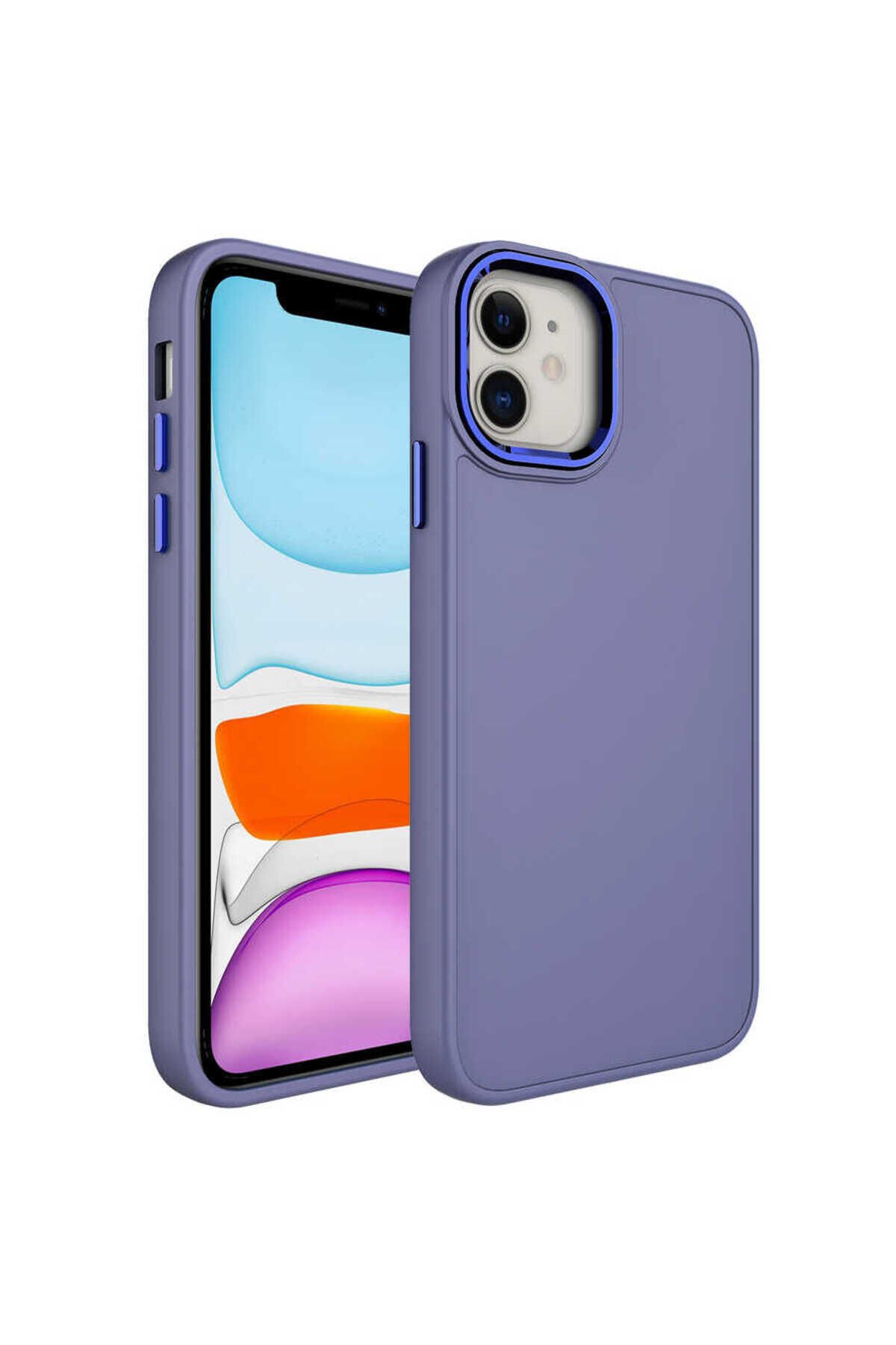 iPhone 11 Kılıf Metal Çerçeve ve Buton Tasarımlı Silikon ZPRB Luna Kapak - Lavendery Gray Lavendery Gray