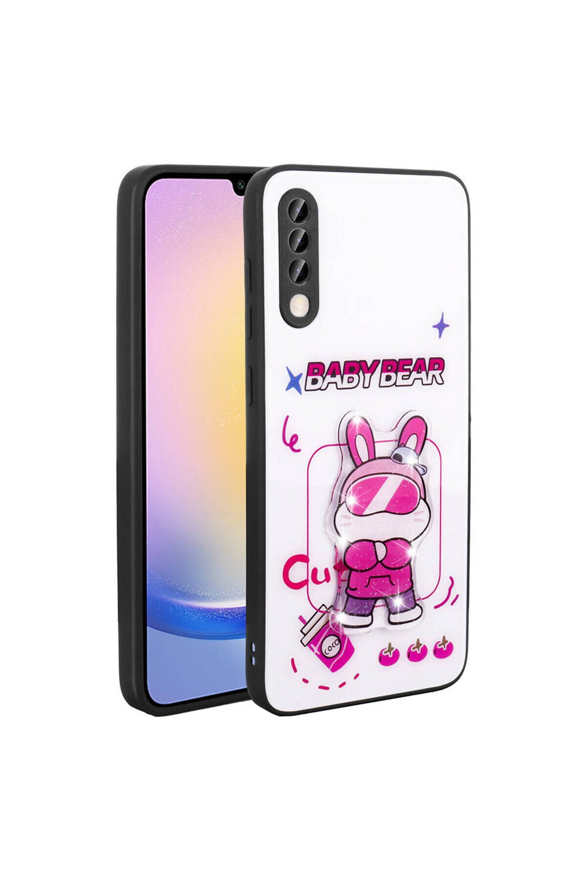 Galaxy A70 Kılıf Parlayan Kabartmalı İkonik Figürlü BSAY Amas Silikon Kapak - Siyah Pembe
