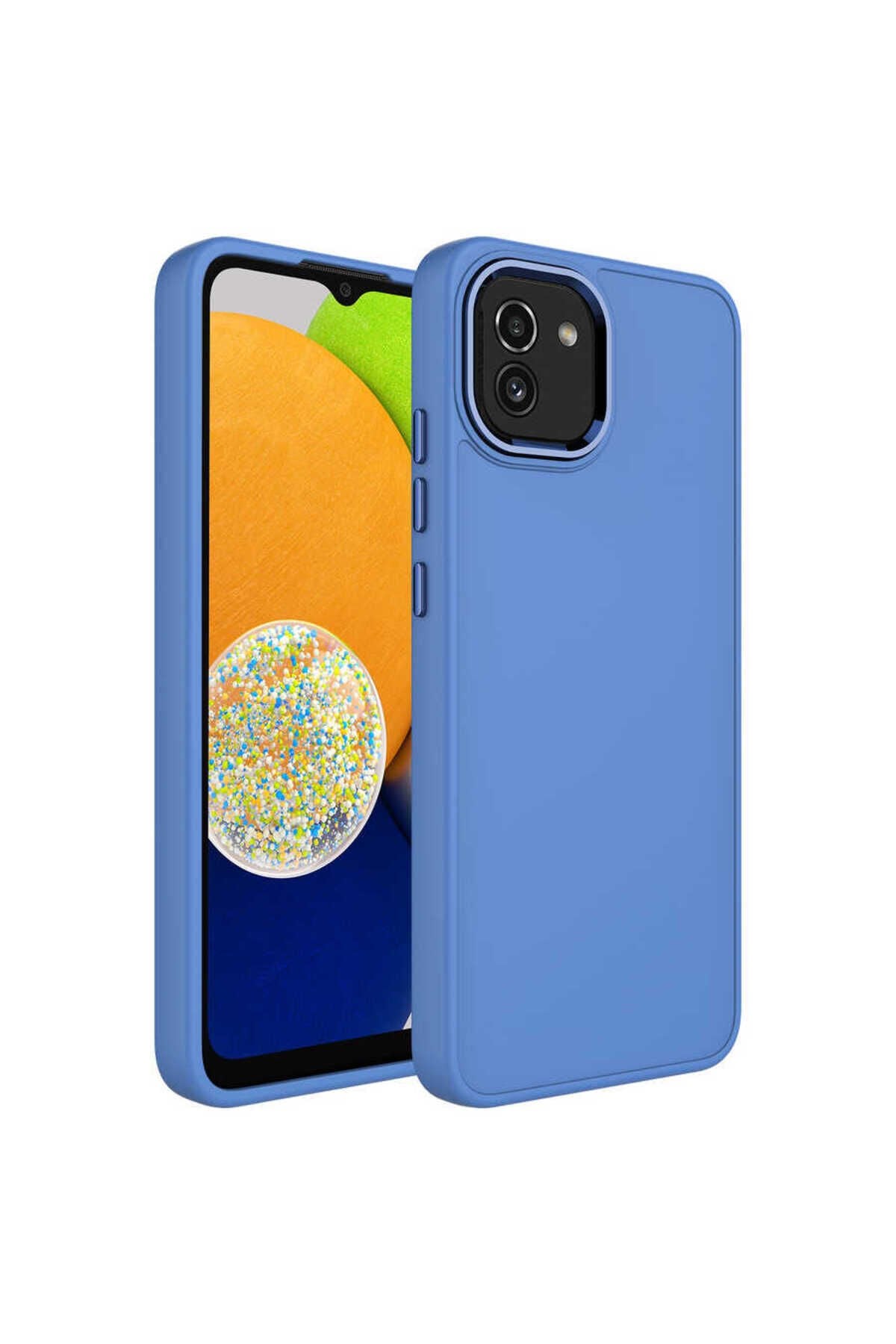 Galaxy A03 Kılıf Metal Çerçeve ve Buton Tasarımlı Silikon BSAY Luna Kapak - Lacivert Lavendery Gray