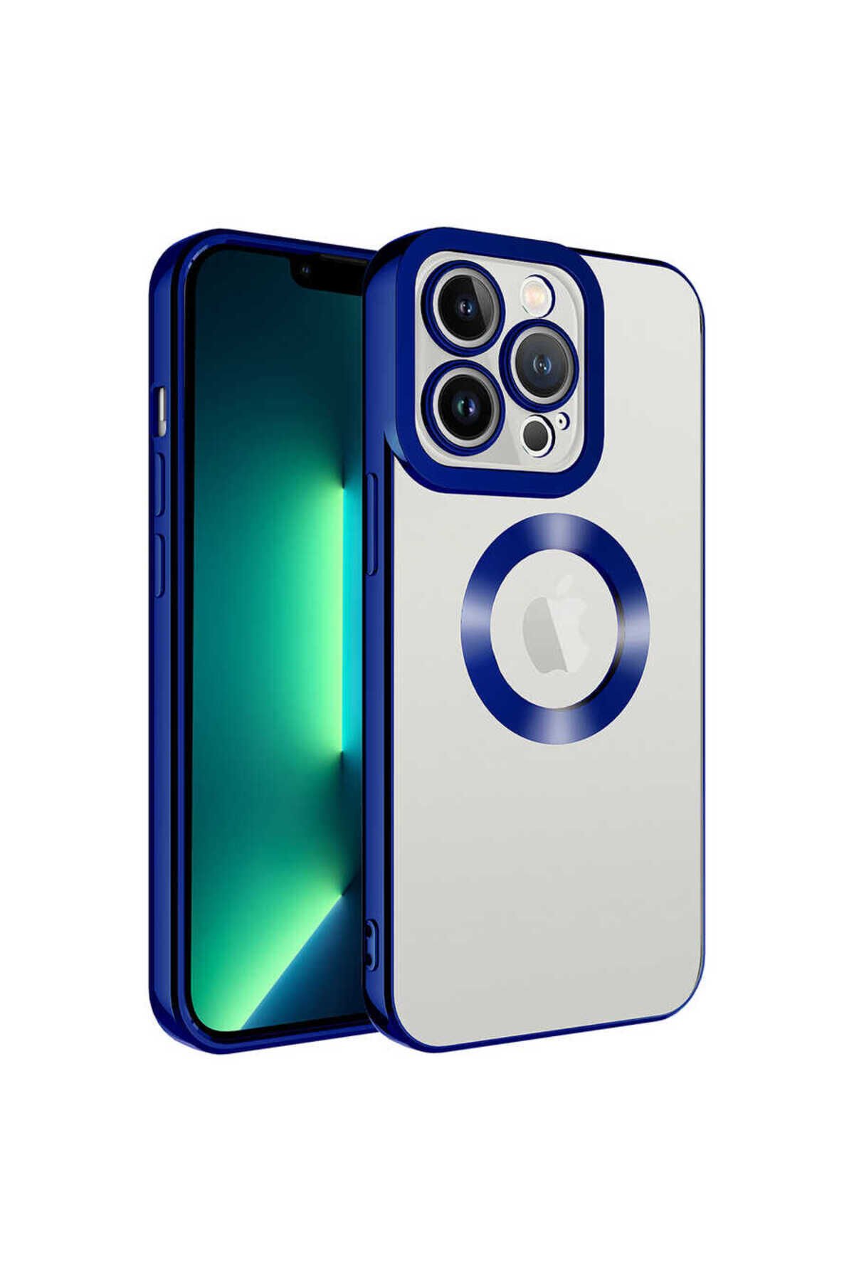 iPhone 14 Pro Max Uyumlu Kamera Korumalı Logo Gösteren BSAY Omega Kılıf-Siyah Mavi