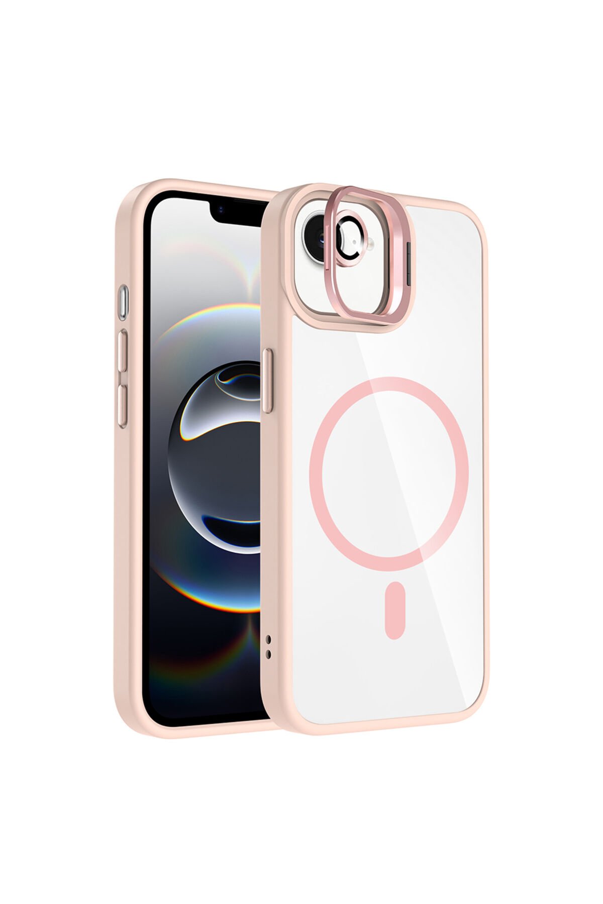 iPhone 16E Kılıf Standlı ve Kamera Lens Hediyeli M-Safe Şarj Özellikli ZPRB Etro Kapak - Desert Tita Desert Titanyum