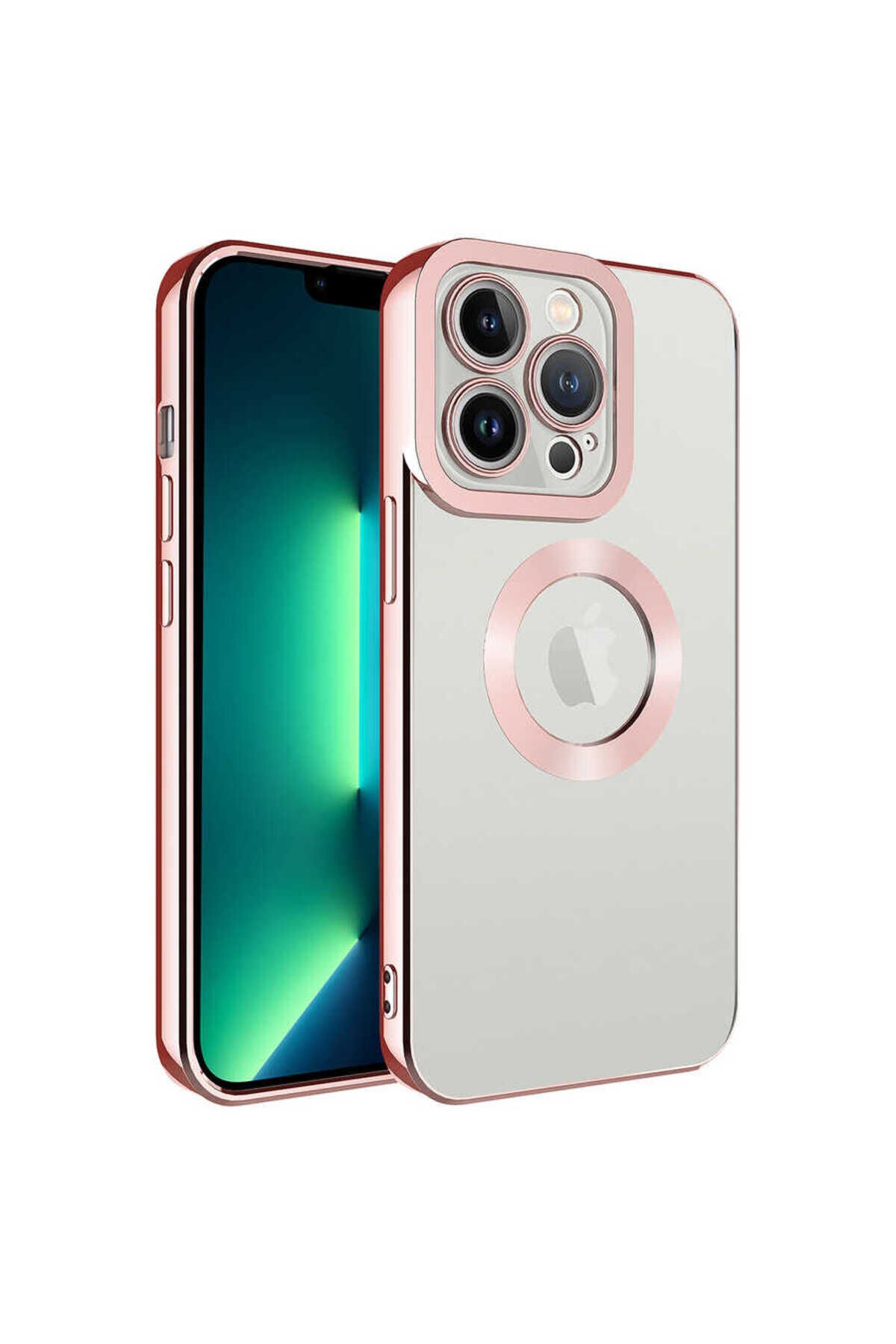 iPhone 14 Pro Max Uyumlu Kamera Korumalı Logo Gösteren BSAY Omega Kılıf-Siyah Rose Gold