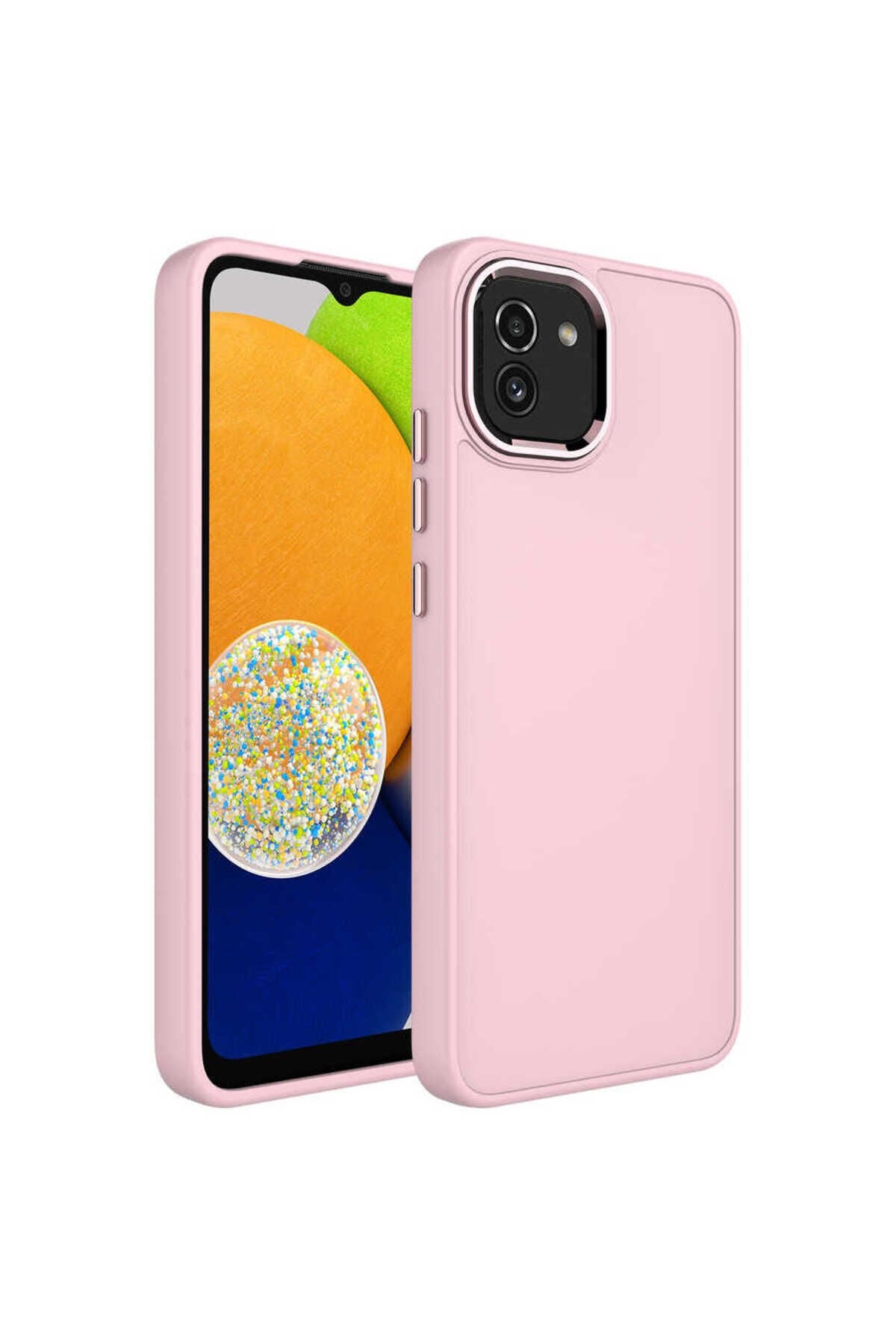 Galaxy A03 Kılıf Metal Çerçeve ve Buton Tasarımlı Silikon BSAY Luna Kapak - Lacivert Pembe