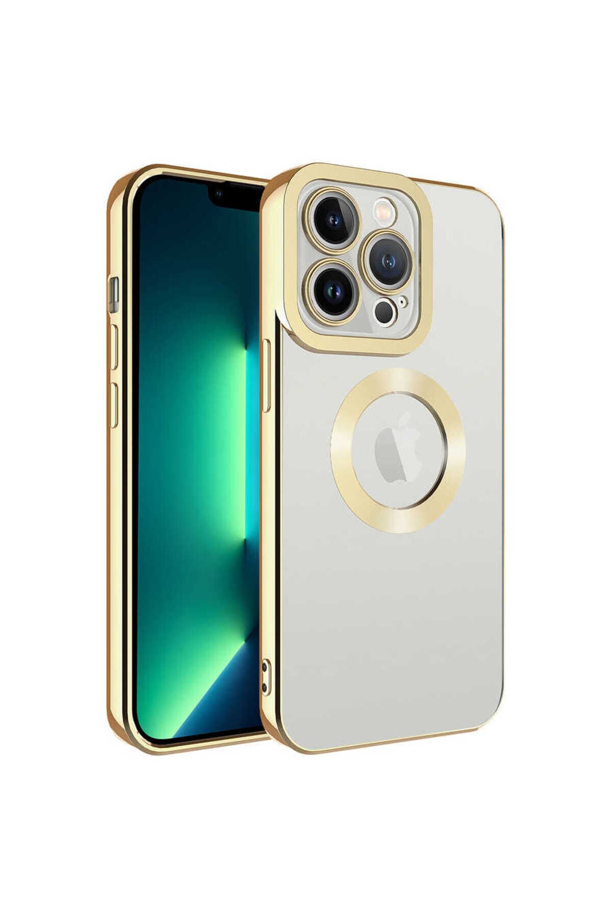 iPhone 14 Pro Max Uyumlu Kamera Korumalı Logo Gösteren BSAY Omega Kılıf-Siyah Gold