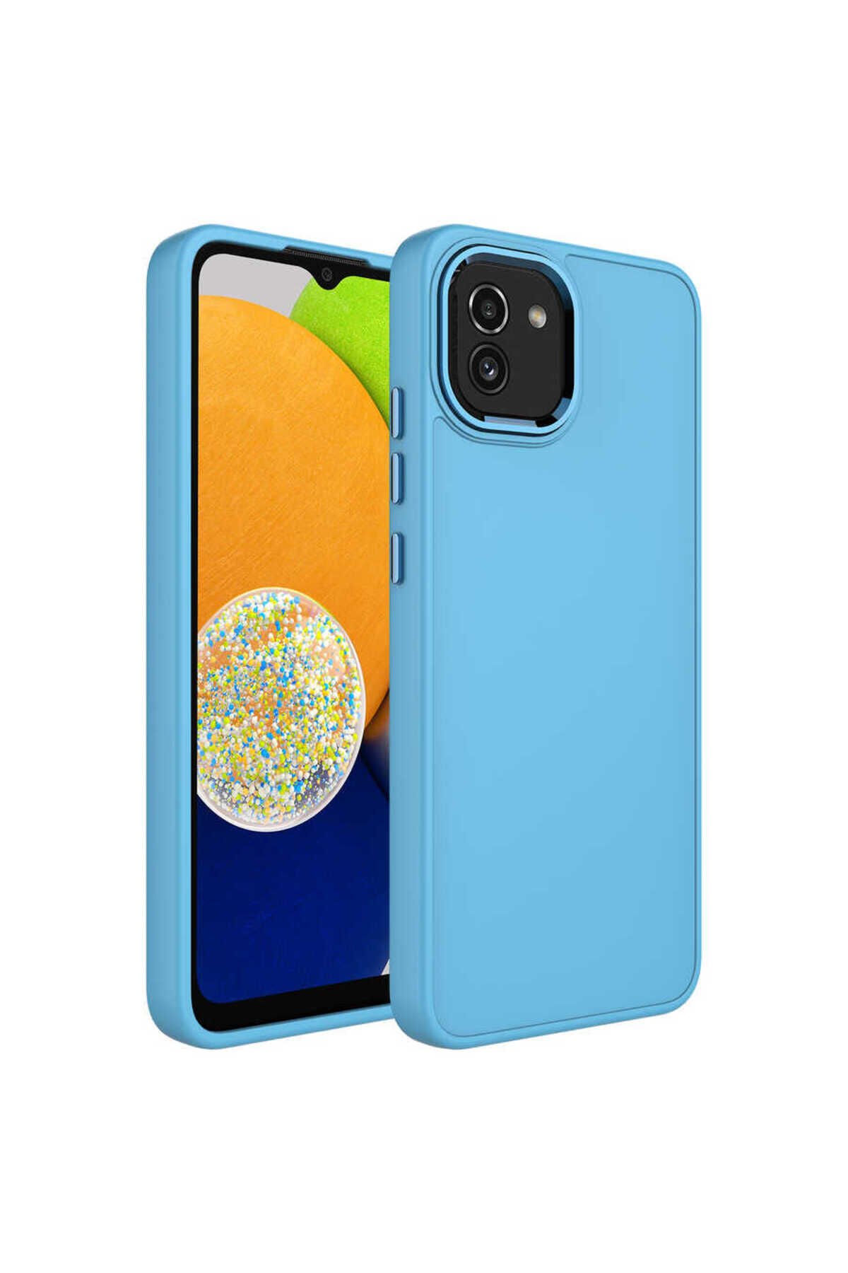 Galaxy A03 Kılıf Metal Çerçeve ve Buton Tasarımlı Silikon Kapak - Sierra Mavi Sierra Mavi