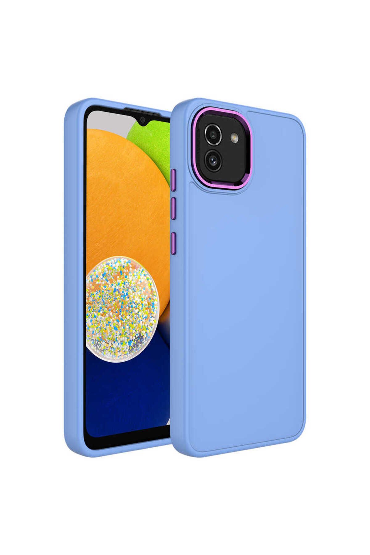 Galaxy A03 Kılıf Metal Çerçeve ve Buton Tasarımlı Silikon Kapak - Sierra Mavi Sierra Mavi