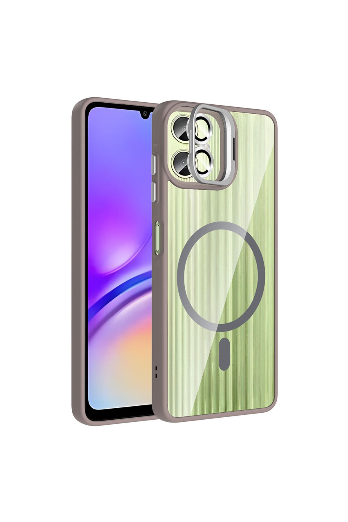 Galaxy A06 Kılıf Standlı ve Kamera Lens Hediyeli M-Safe Şarj Özellikli SBT Etro Kapak - Gri Gri