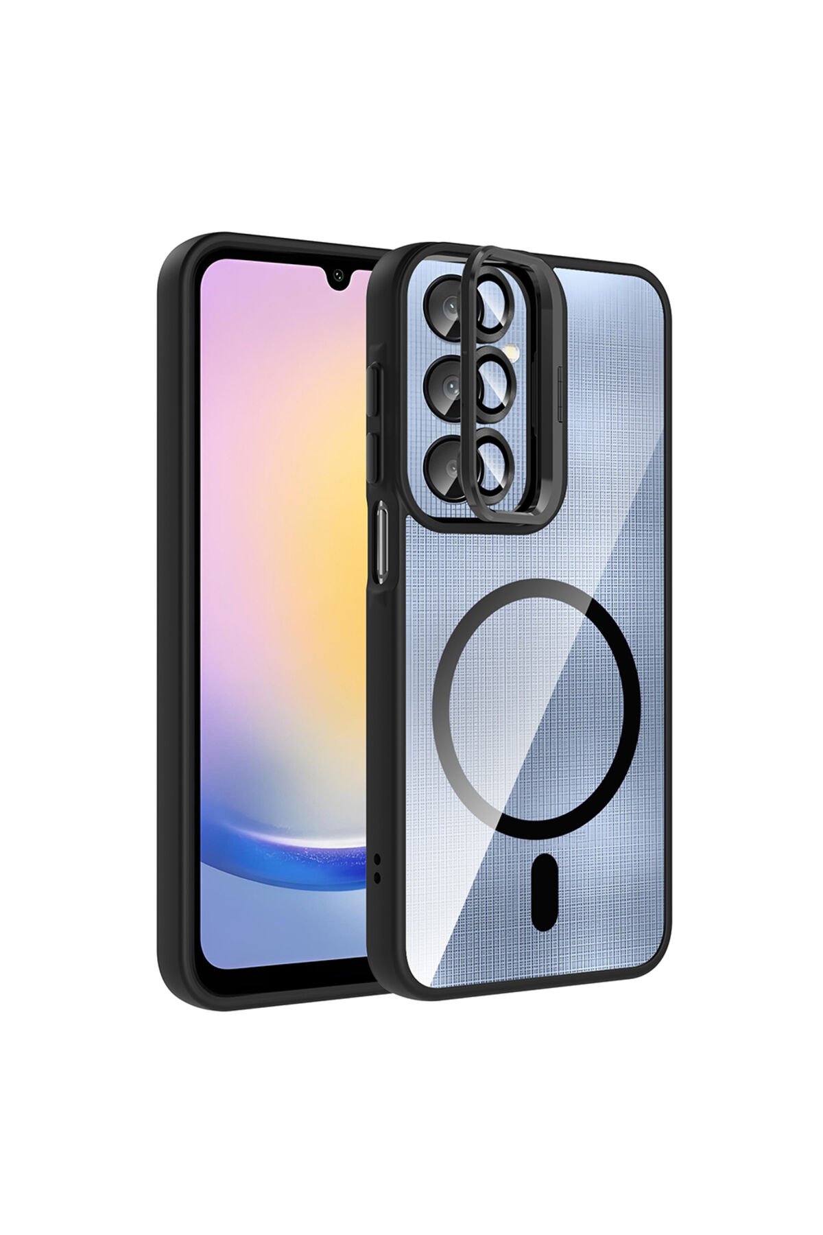 Galaxy A16 Kılıf Standlı ve Kamera Lens Hediyeli M-Safe Şarj Özellikli BSAY Etro Kapak - Siyah Siyah