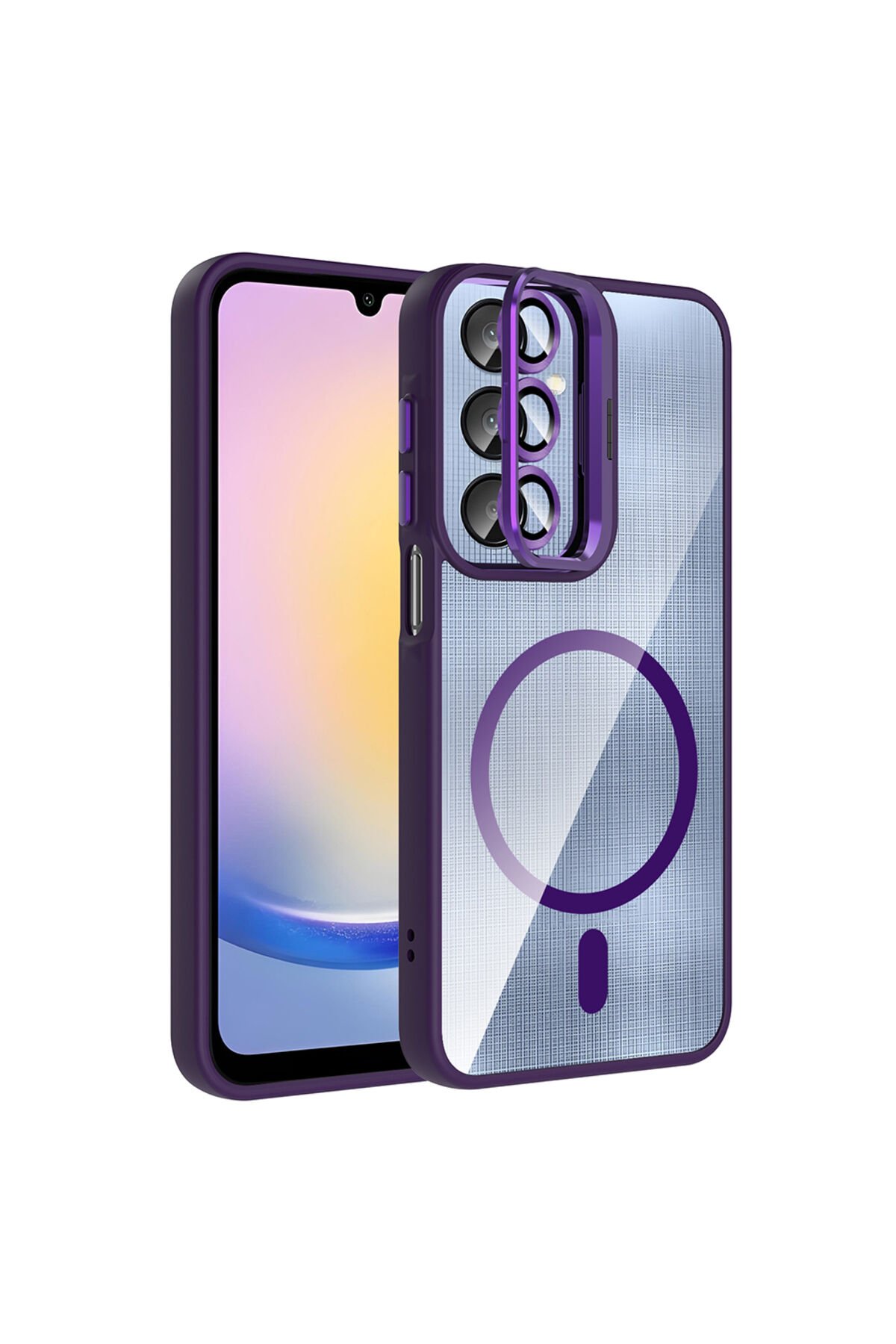 Galaxy A16 Kılıf Standlı ve Kamera Lens Hediyeli M-Safe Şarj Özellikli BSAY Etro Kapak - Siyah Derin Mor