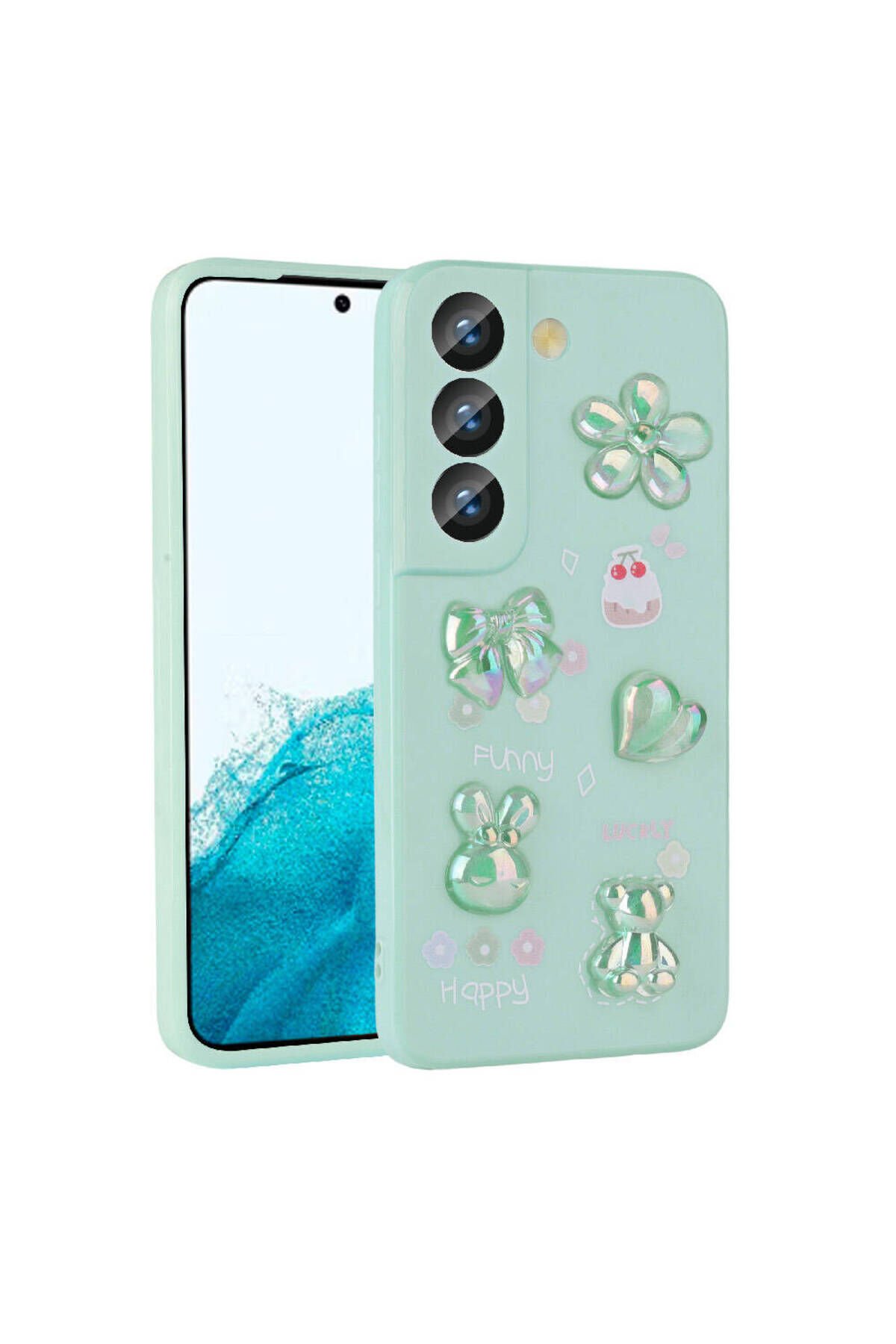 Galaxy S21 FE Uyumlu Kabartma Figürlü Parlak BSAY Toys Silikon Kılıf-Pembe Açık Yeşil