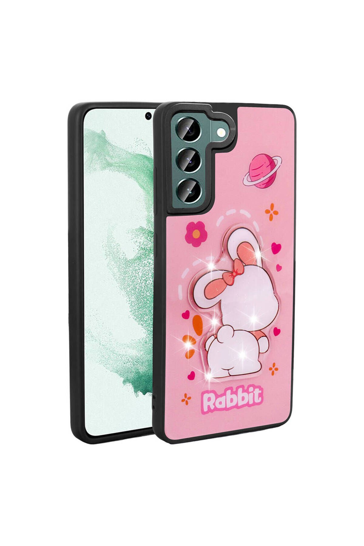 Galaxy S22 Kılıf Parlayan Kabartmalı İkonik Figürlü BSAY Amas Silikon Kapak - Beyaz Pembe