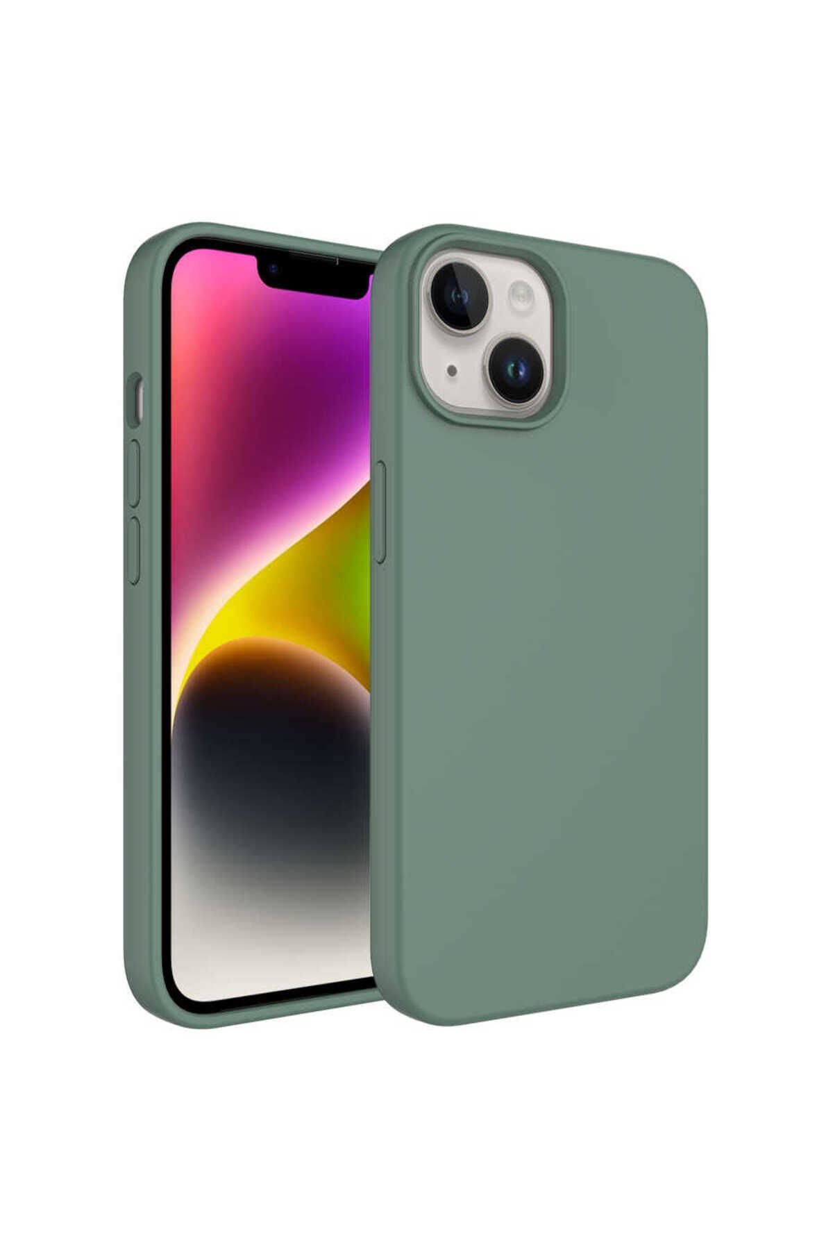 iPhone 14 Plus Uyumlu Sıvı Teknolojili Silinebilir Sert BSAY Kivi Kılıf-Koyu Yeşil Koyu Yeşil