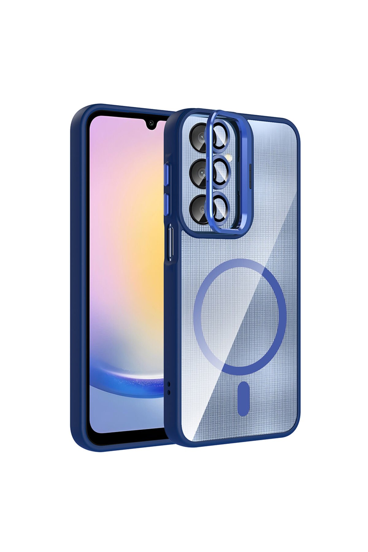 Galaxy A25 Kılıf Standlı ve Kamera Lens Hediyeli M-Safe Şarj Özellikli BSAY Etro Kapak - Lacivert Lacivert