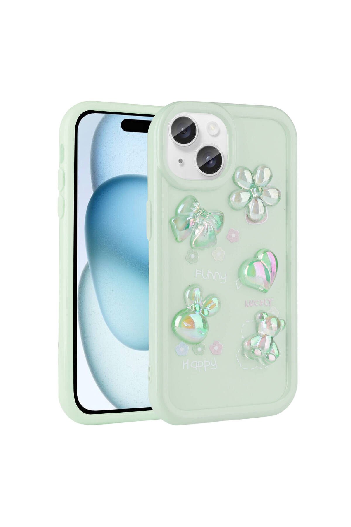 iPhone 14 Plus Uyumlu Kabartma Figürlü Parlak BSAY Toys Silikon Kılıf-Pembe Açık Yeşil