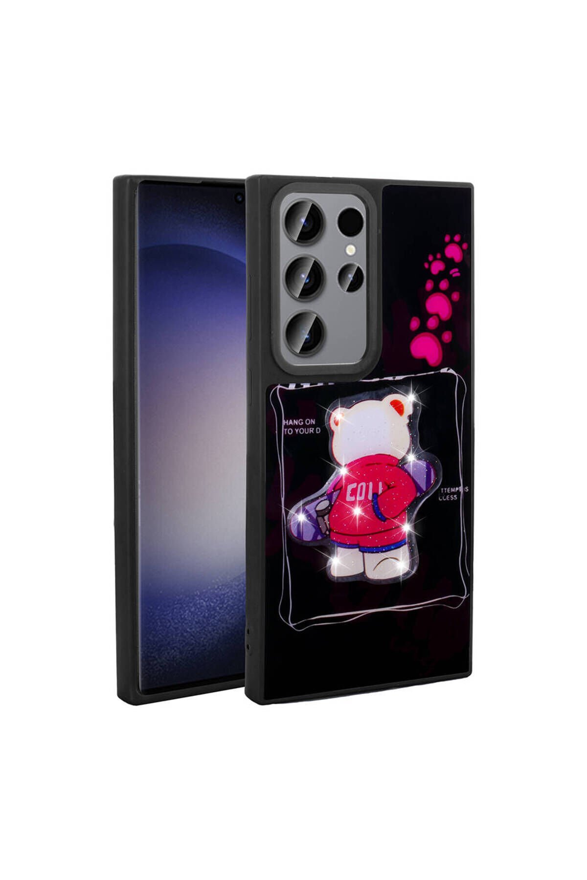 Galaxy S22 Ultra Kılıf Parlayan Kabartmalı İkonik Figürlü BSAY Amas Silikon Kapak - Pembe Siyah