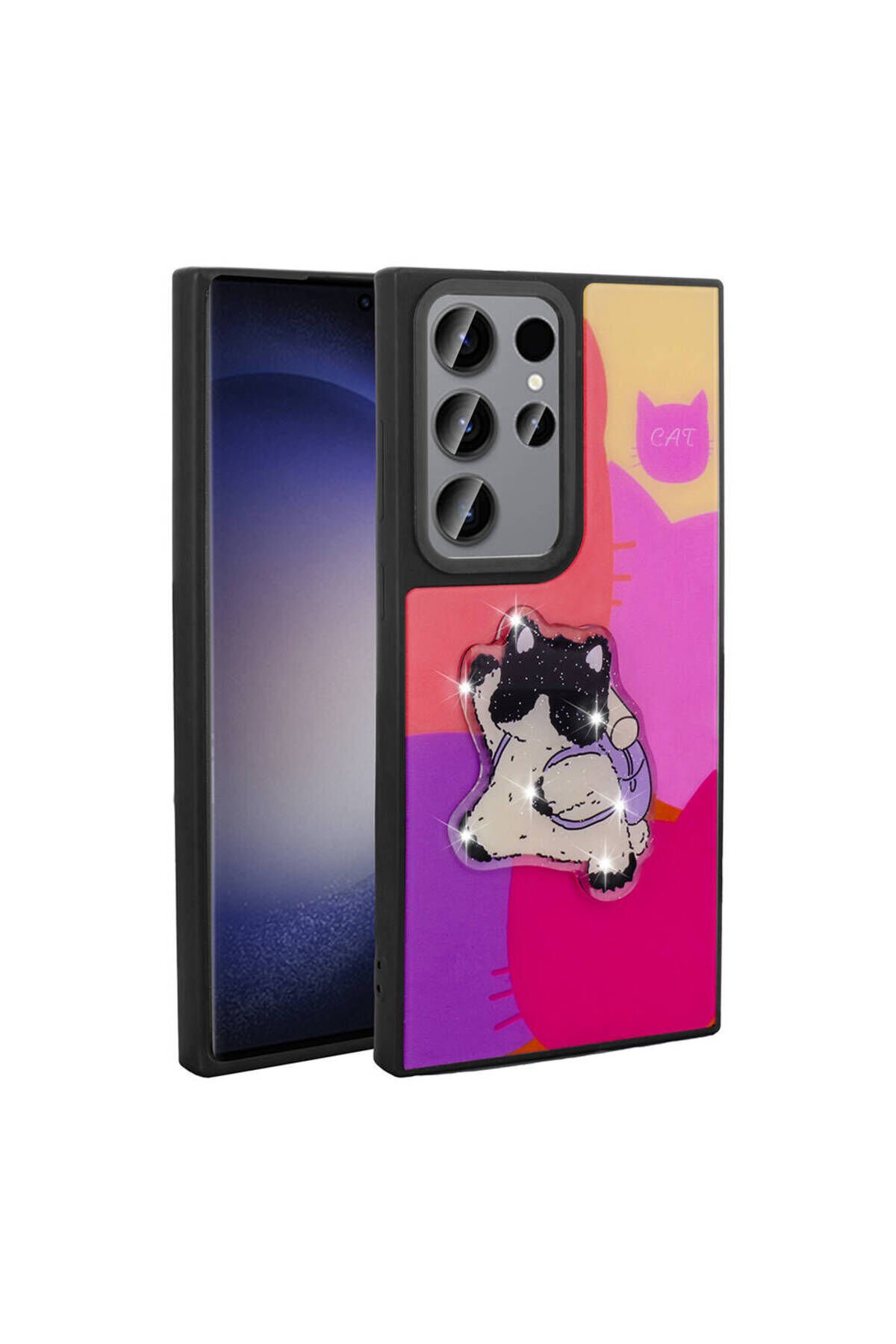 Galaxy S22 Ultra Kılıf Parlayan Kabartmalı İkonik Figürlü BSAY Amas Silikon Kapak - Pembe Siyah