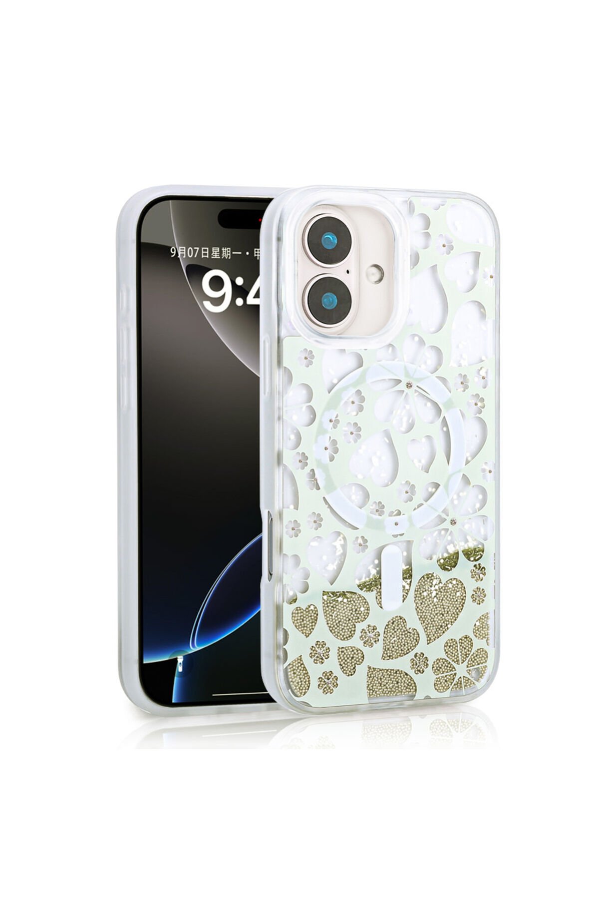 iPhone 16 Kılıf Sıvılı Simli Baskılı Şeffaf Arka Yüzey Zore Mossa Silikon Kapak - Gold Gold