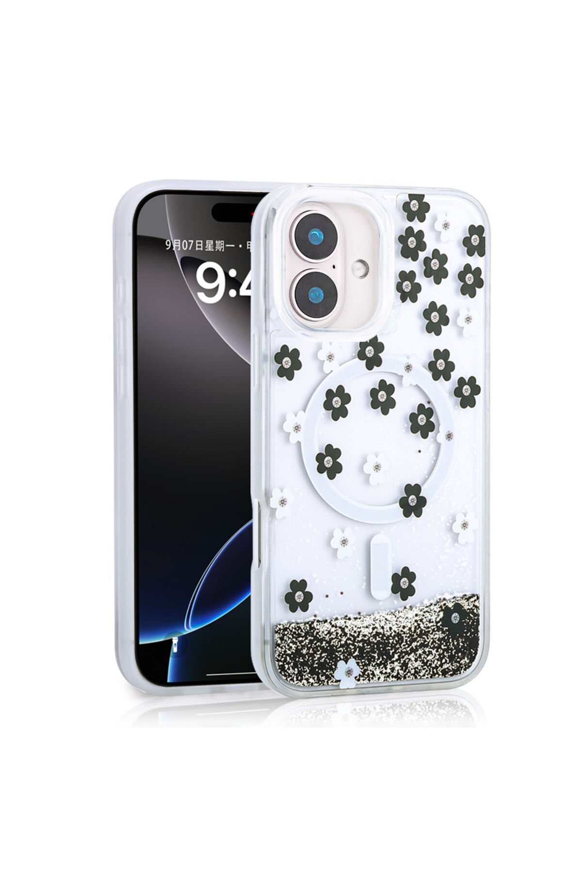 iPhone 16 Kılıf Sıvılı Simli Baskılı Şeffaf Arka Yüzey Zore Mossa Silikon Kapak - Gold Gold