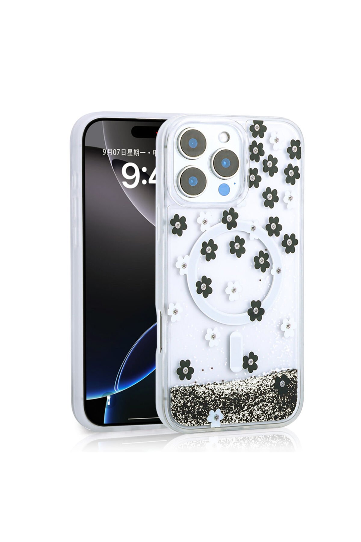 iPhone 16 Pro Max Kılıf Sıvılı Simli Baskılı Şeffaf Arka Yüzey ZPRB Mossa Silikon Kapak - Siyah Siyah