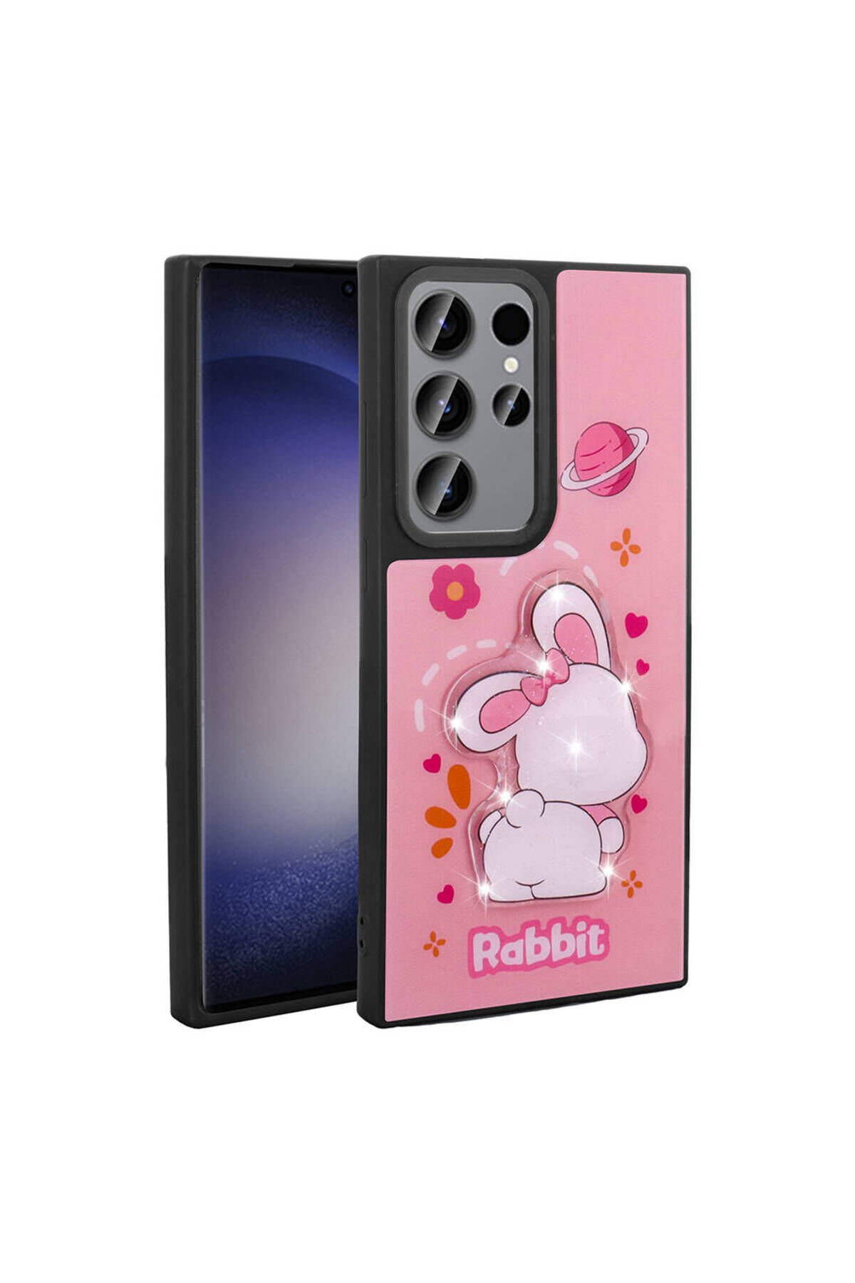 Galaxy S23 Ultra Kılıf Parlayan Kabartmalı İkonik Figürlü BSAY Amas Silikon Kapak - Siyah Pembe