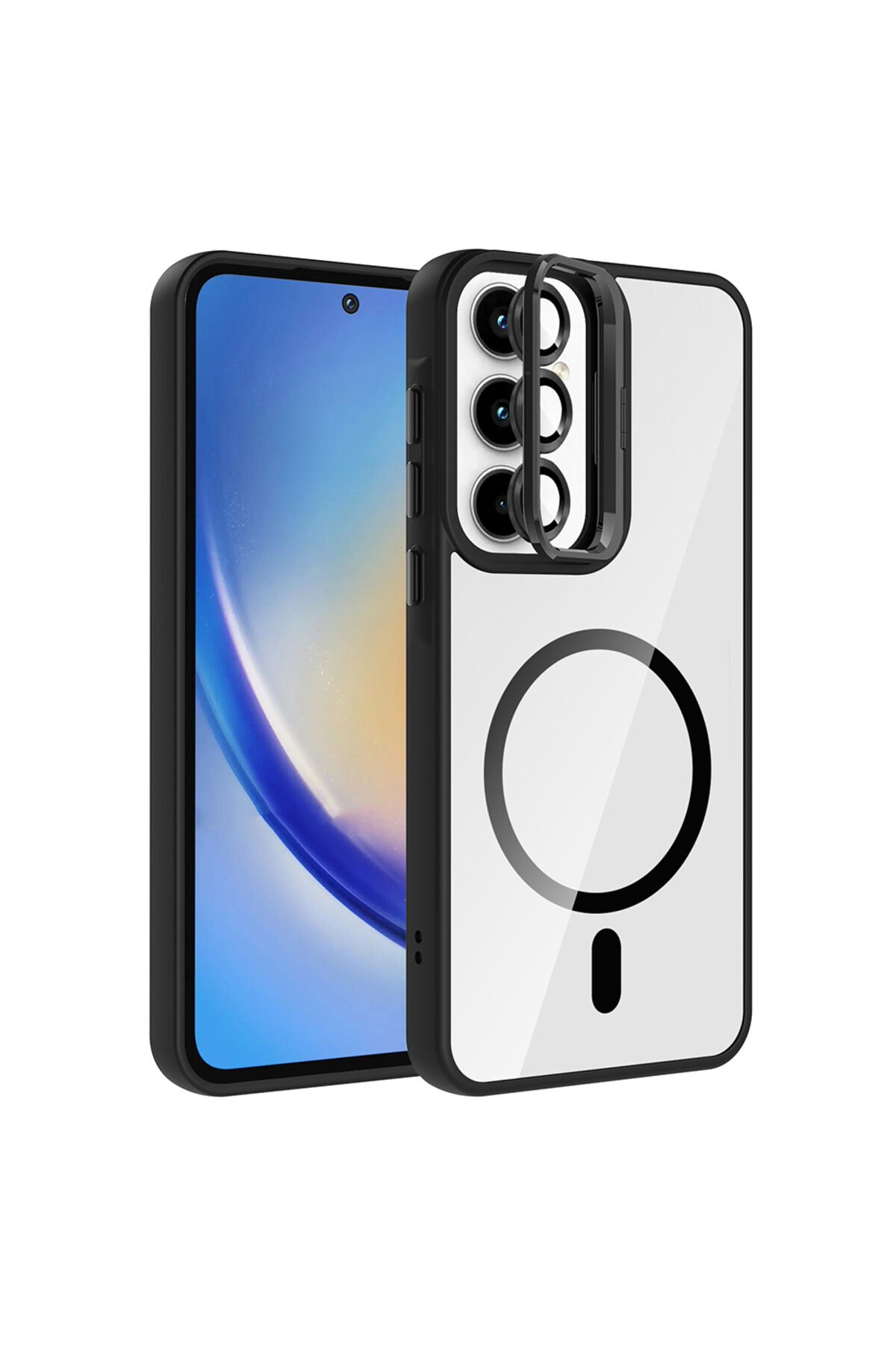 Galaxy A55 Kılıf Standlı ve Kamera Lens Hediyeli M-Safe Şarj Özellikli GZST Etro Kapak - Siyah Siyah