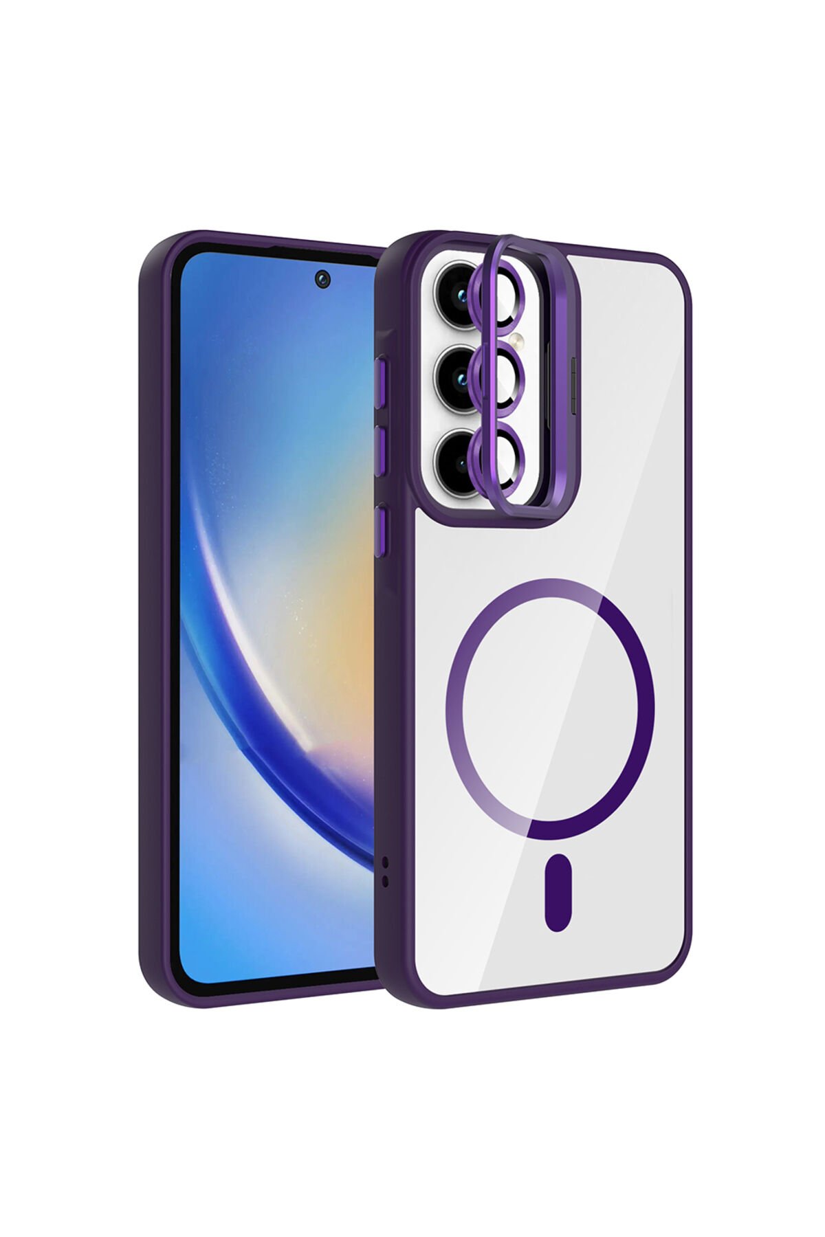 Galaxy A55 Kılıf Standlı ve Kamera Lens Hediyeli M-Safe Şarj Özellikli SBT Etro Kapak - Derin Mor Derin Mor