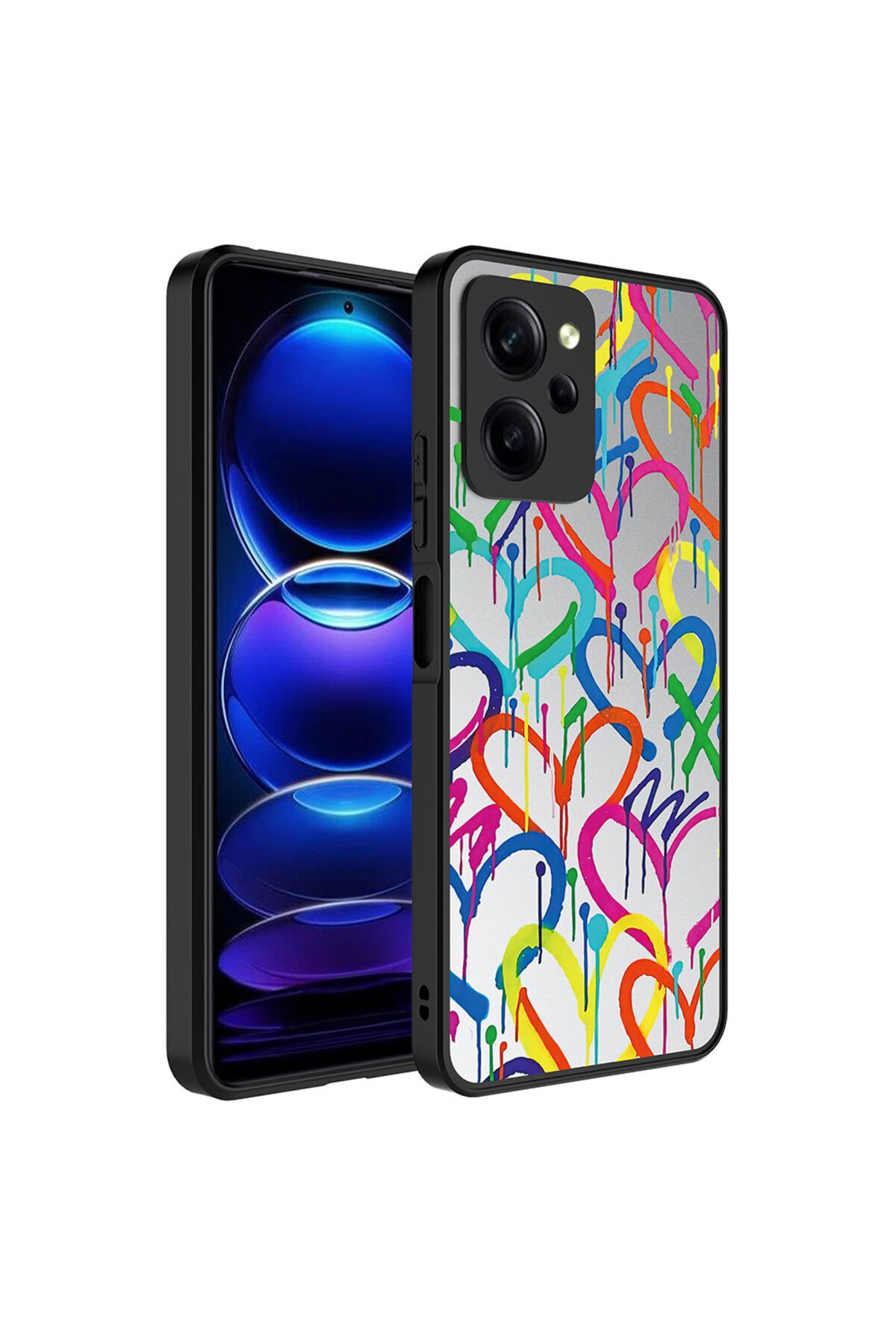 Poco X5 Pro Kılıf Aynalı Desenli Kamera Korumalı Parlak BSAY Mirror Kapak - Kalp Kalp