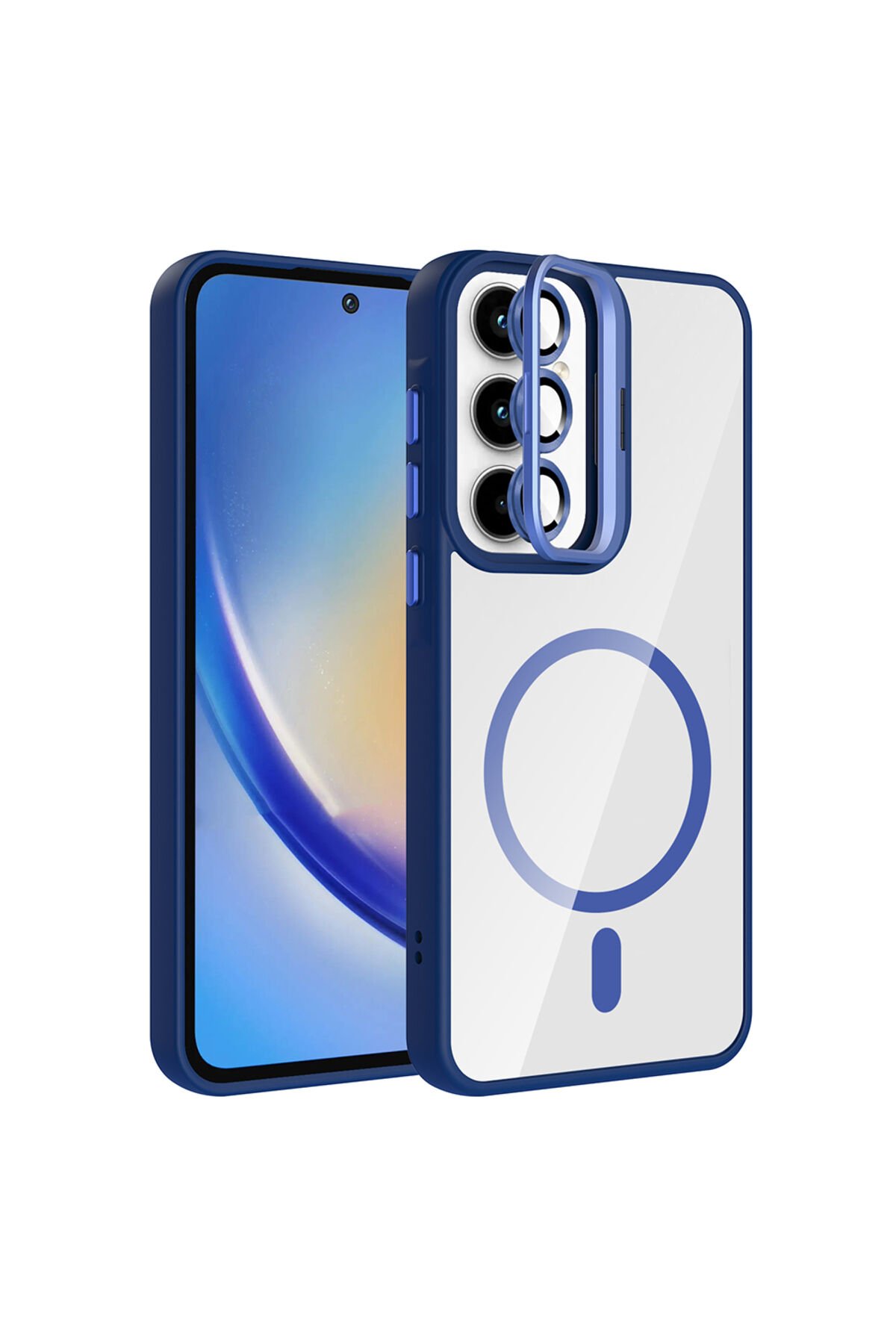 Galaxy A55 Kılıf Standlı ve Kamera Lens Hediyeli M-Safe Şarj Özellikli SBT Etro Kapak - Derin Mor Lacivert