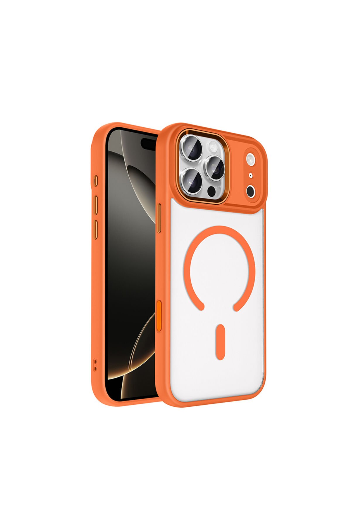 iPhone 17 Pro Max Kılıf Wireless Şarj Özellikli BSAY Krom M-safe Silikon Kapak - Siyah Turuncu