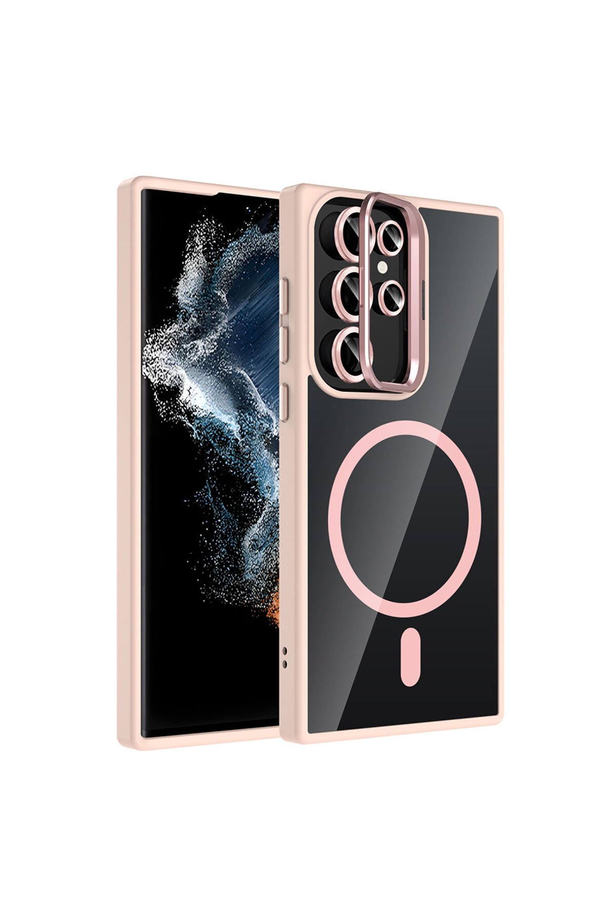 Galaxy S22 Ultra Kılıf Standlı ve Kamera Lens Hediyeli M-Safe Şarj Özellikli ZPRB Etro Kapak - Pembe Pembe