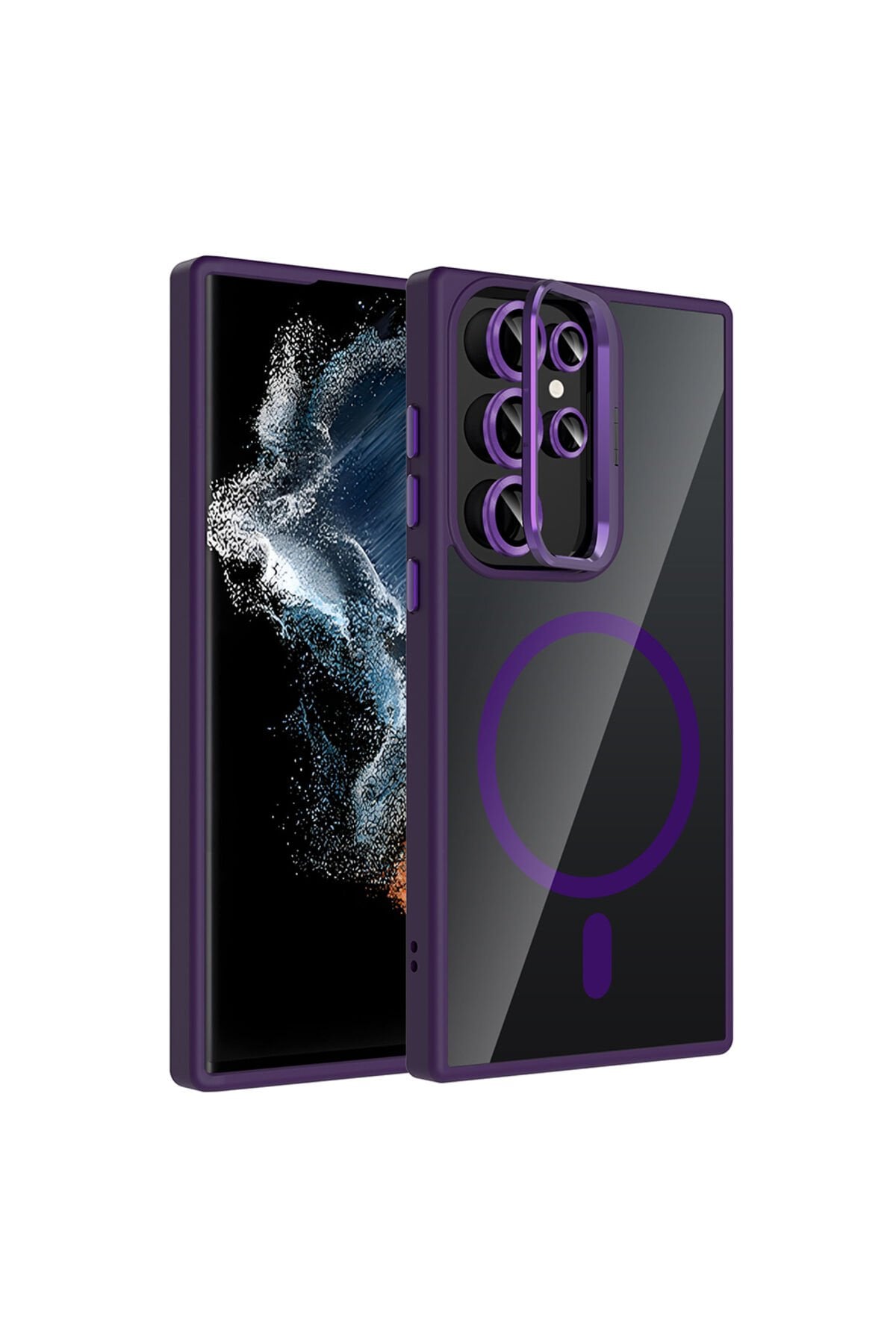 Galaxy S22 Ultra Kılıf Standlı ve Kamera Lens Hediyeli M-Safe Şarj Özellikli ZPRB Etro Kapak - Pembe Pembe