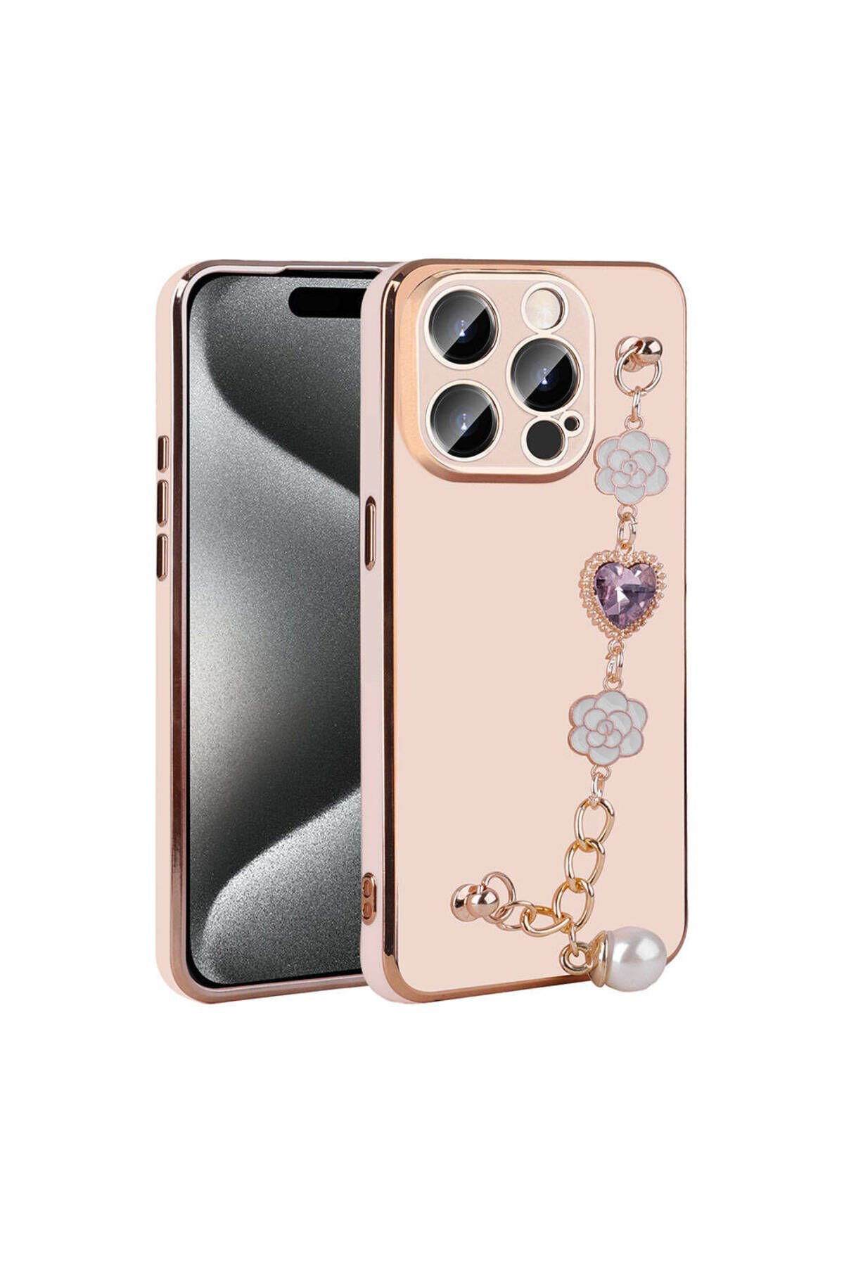 iPhone 15 Pro Max BSAY El Tutamaçlı Kamera Korumalı BSAY Taka Silikon Kılıf-Beyaz Pembe