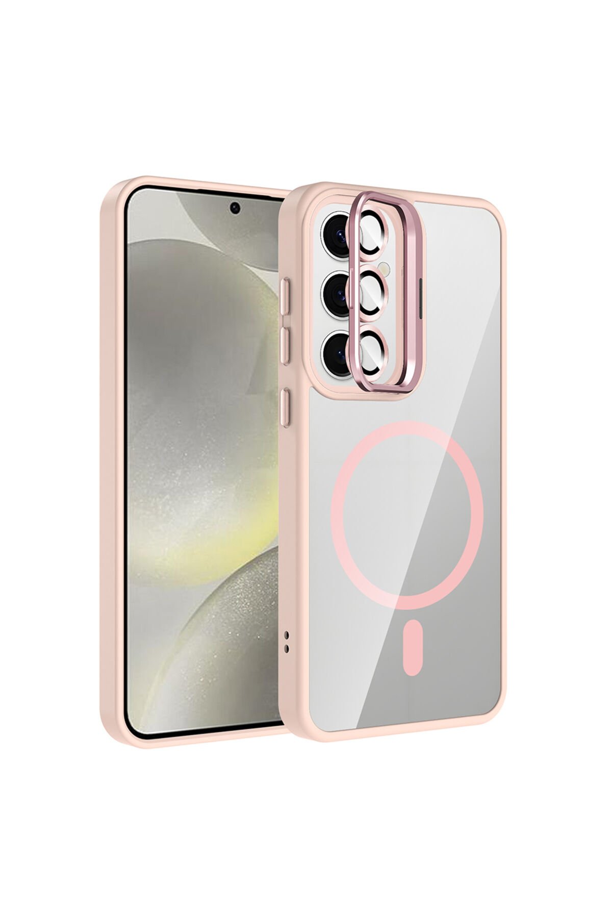 Galaxy S24 Kılıf Standlı ve Kamera Lens Hediyeli M-Safe Şarj Özellikli BSAY Etro Kapak - Gri Pembe