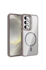 Galaxy S24 Kılıf Standlı ve Kamera Lens Hediyeli M-Safe Şarj Özellikli BSAY Etro Kapak - Gri Pembe