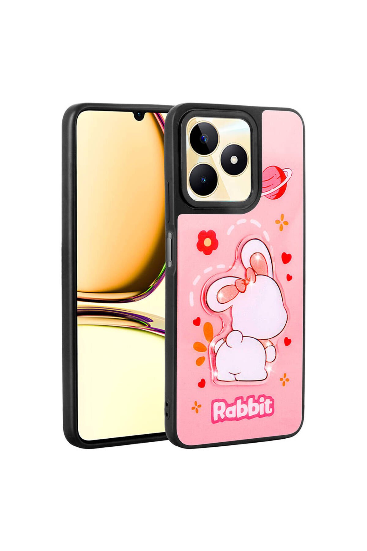 Realme C53 Kılıf Parlayan Kabartmalı İkonik Figürlü BSAY Amas Silikon Kapak - Siyah Pembe