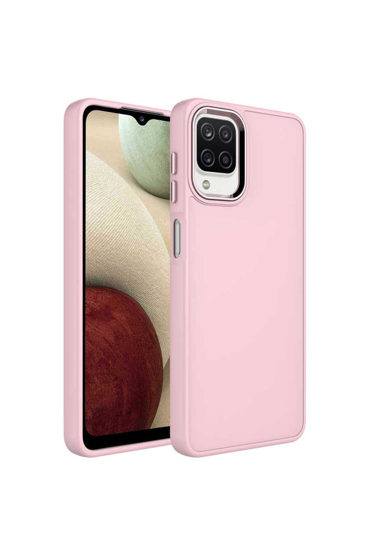 Galaxy A22 4G Kılıf Metal Çerçeve ve Buton Tasarımlı Silikon BSAY Luna Kapak - Pembe Lavendery Gray