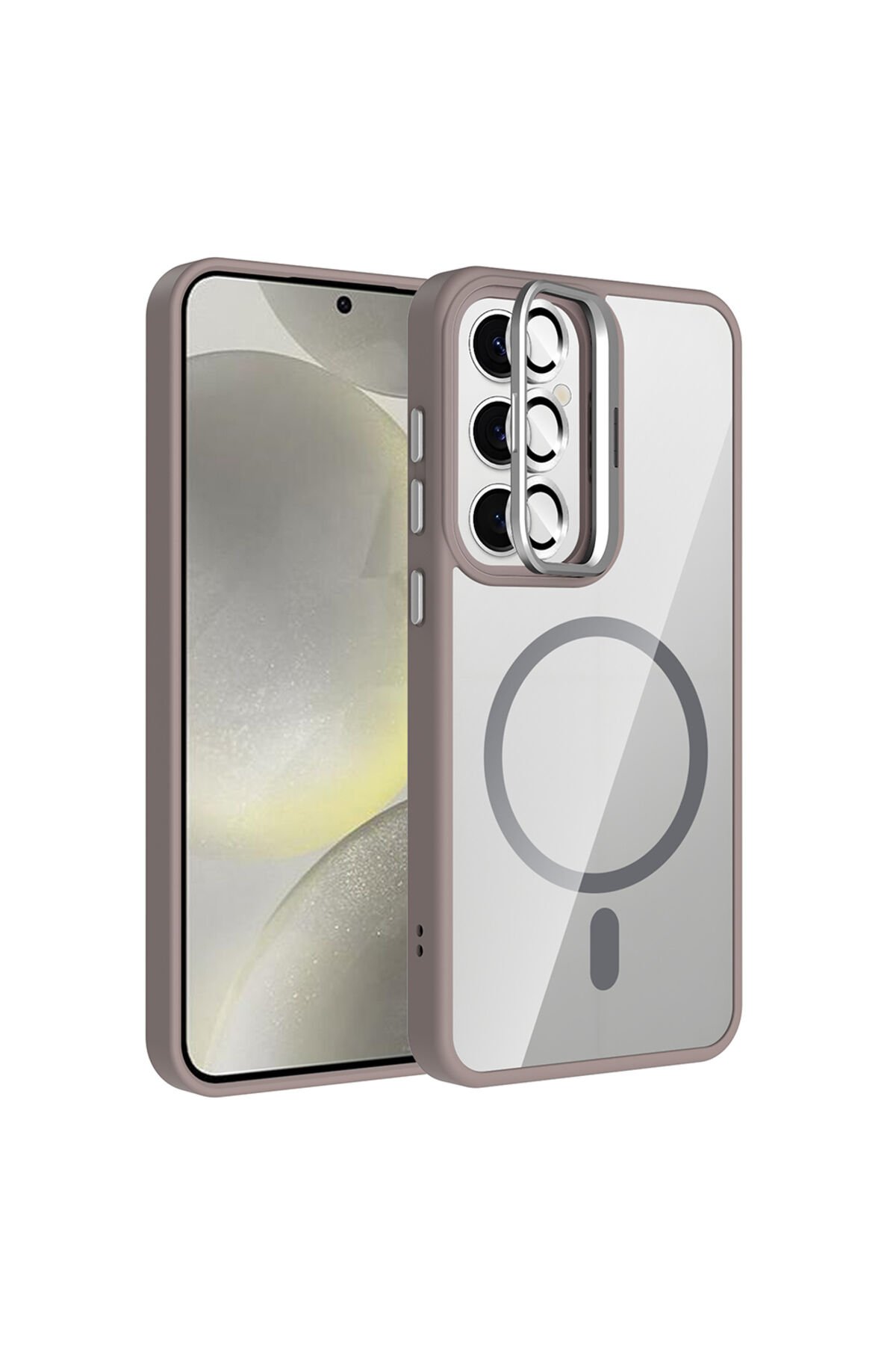 Galaxy S24 FE Kılıf Standlı ve Kamera Lens Hediyeli M-Safe Şarj Özellikli ATA Etro Kapak - Derin Mo Gri