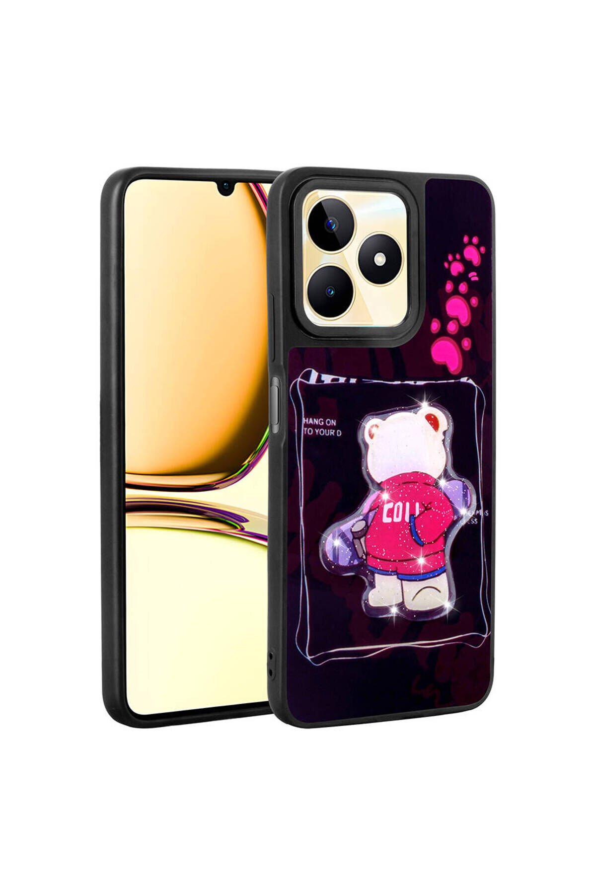 Realme C55 Kılıf Parlayan Kabartmalı İkonik Figürlü BSAY Amas Silikon Kapak - Beyaz Siyah